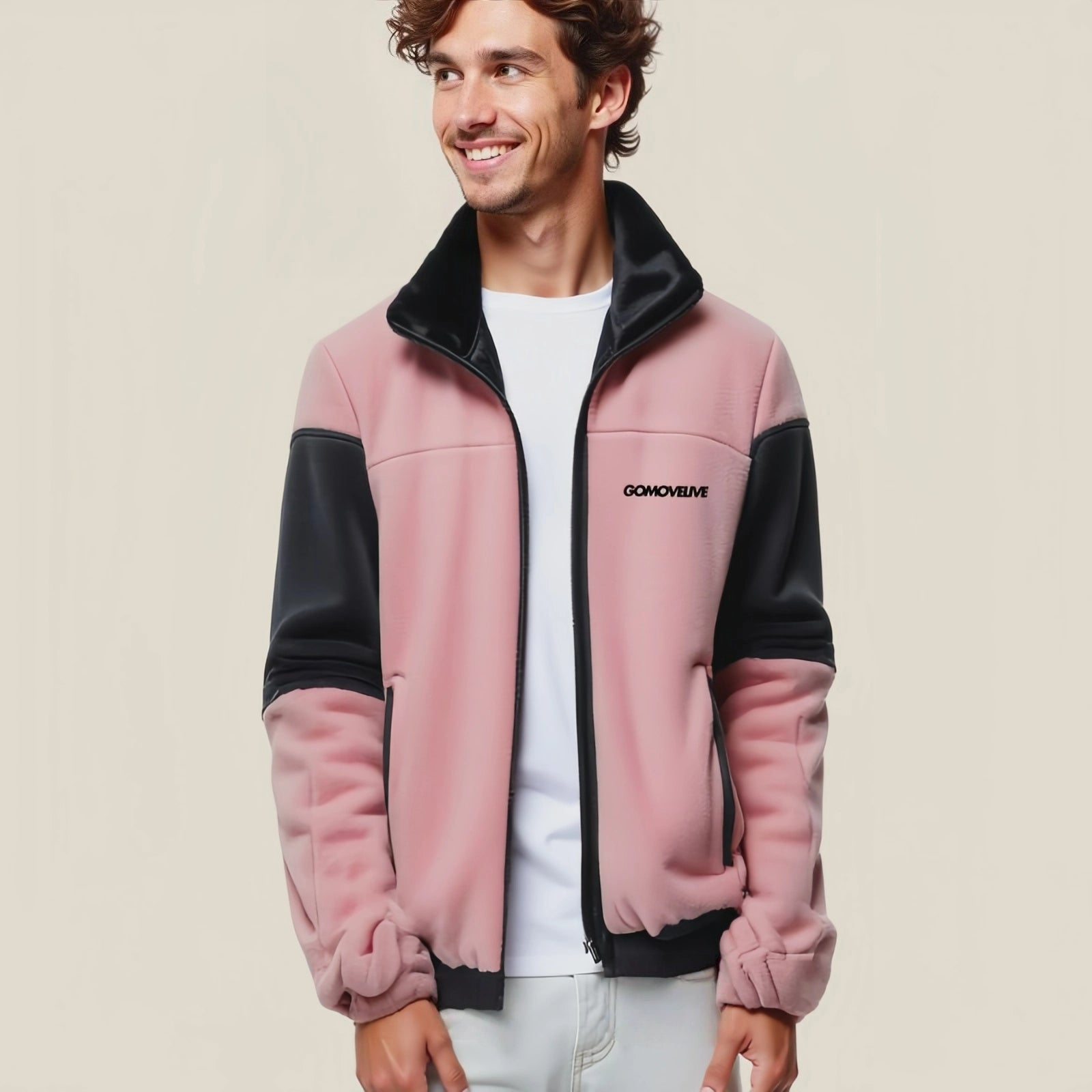 Antique Pink and Black Fleece Jacket - Modern Comfort and Sporty Style