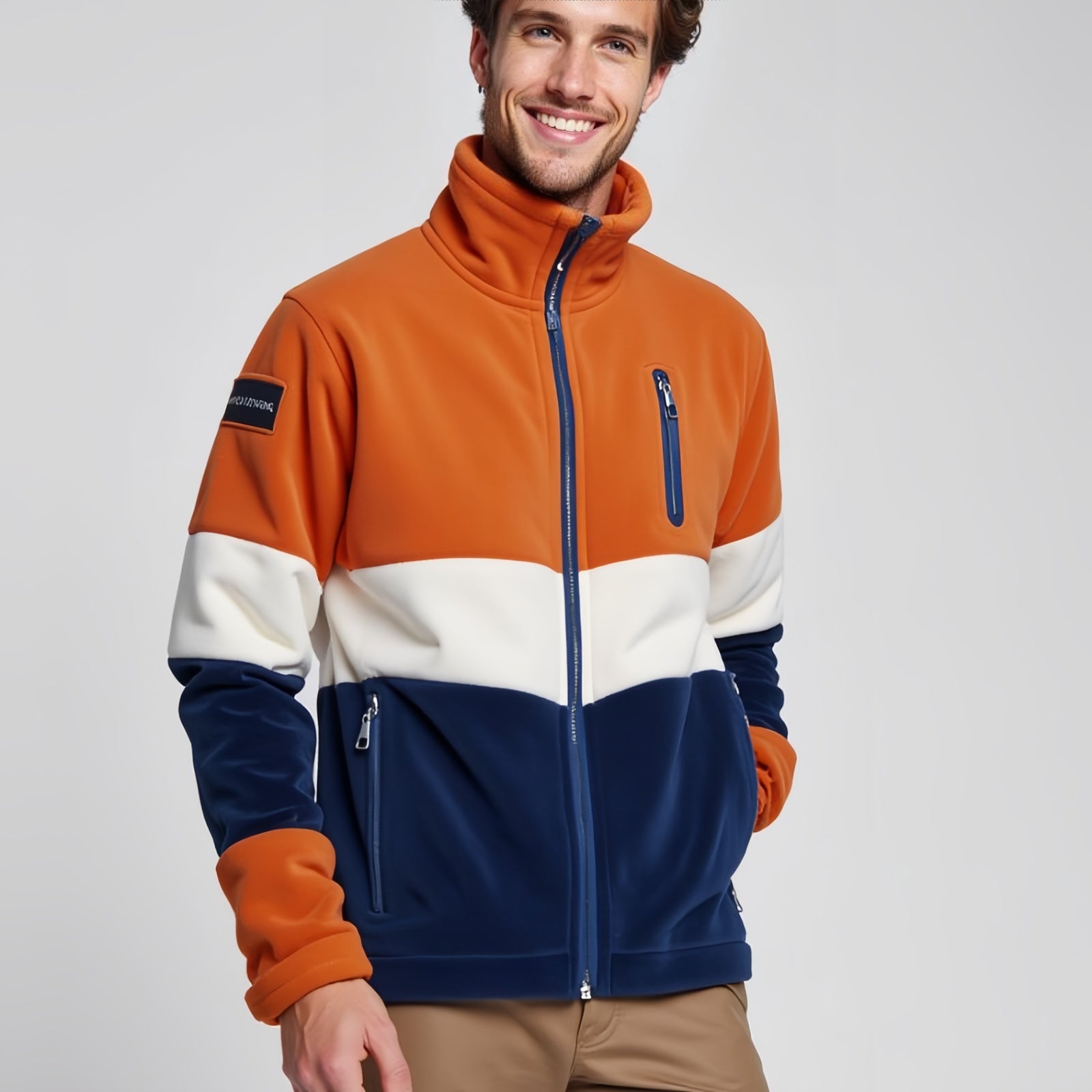 Burnt Orange and Navy Fleece Jacket - Rugged Style and Distinctive Warmth