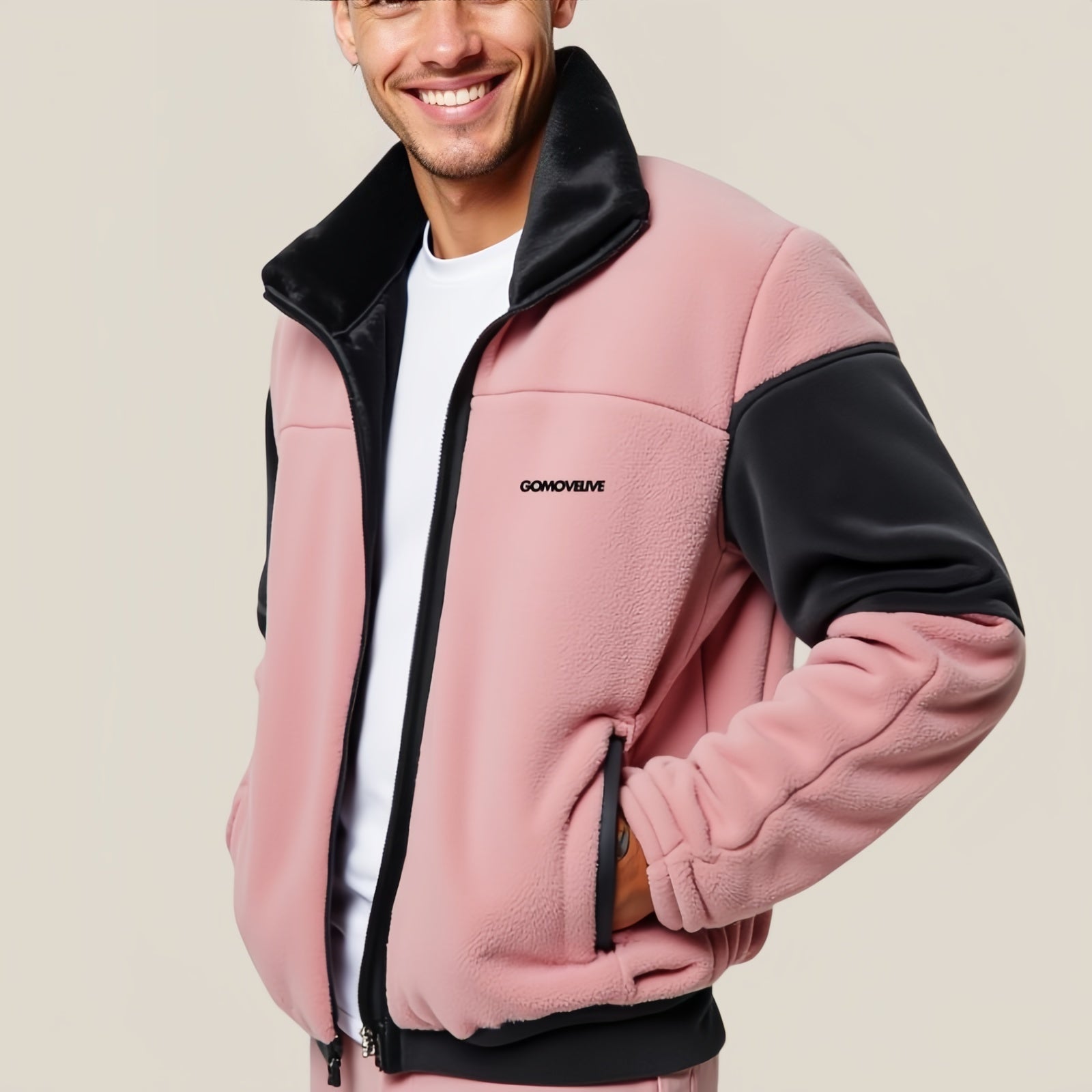 Antique Pink and Black Fleece Jacket - Modern Comfort and Sporty Style