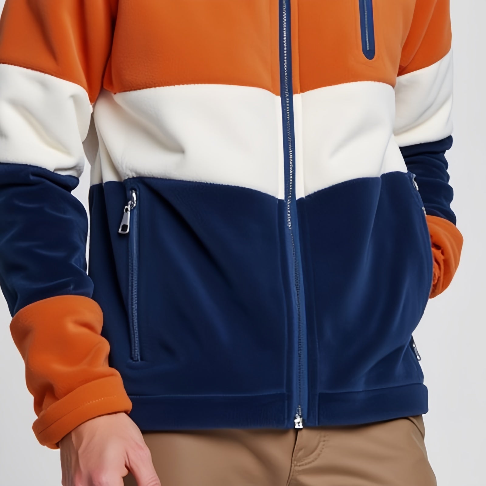 Burnt Orange and Navy Fleece Jacket - Rugged Style and Distinctive Warmth