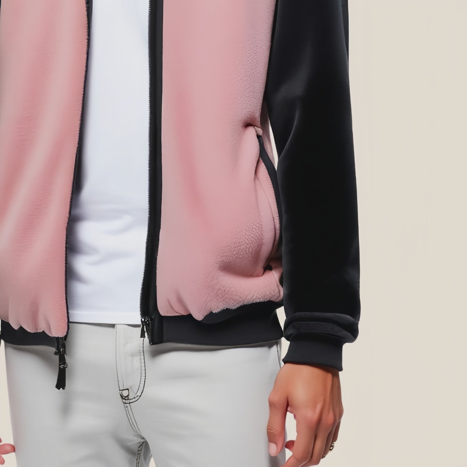 Powder Pink and Black Fleece Jacket - Modern Style and Snug Warmth