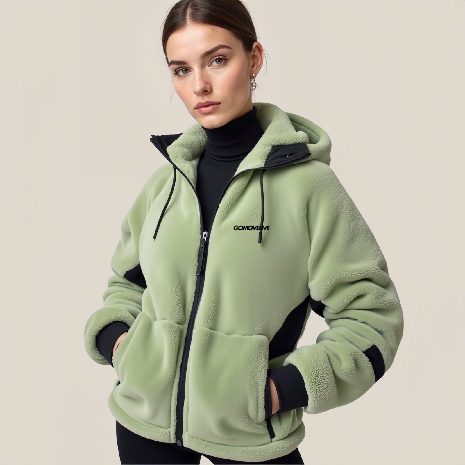 Lime Green and Black Fleece Hooded Jacket
