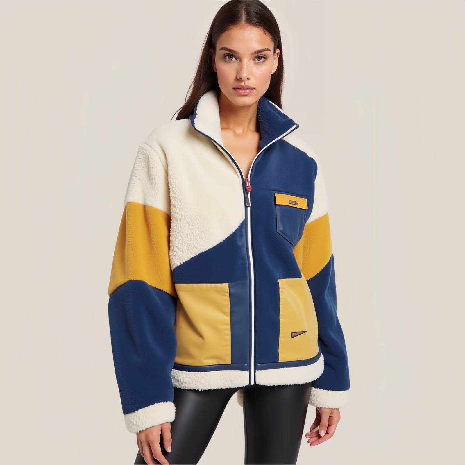 Bold Geometry: Color-Block Fleece Jacket for Unmistakable Style