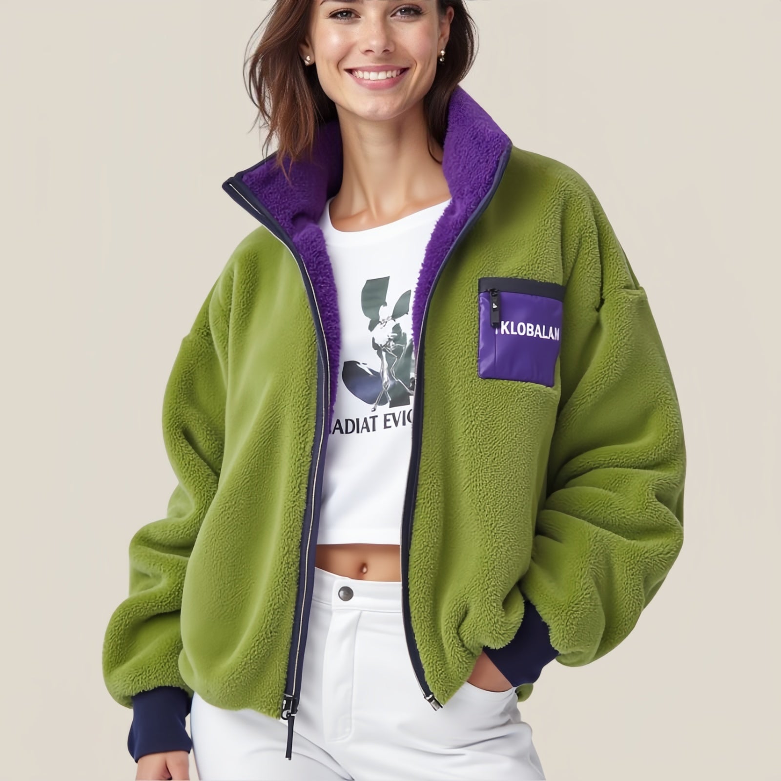 Sage Green and Purple Oversized Fleece Jacket