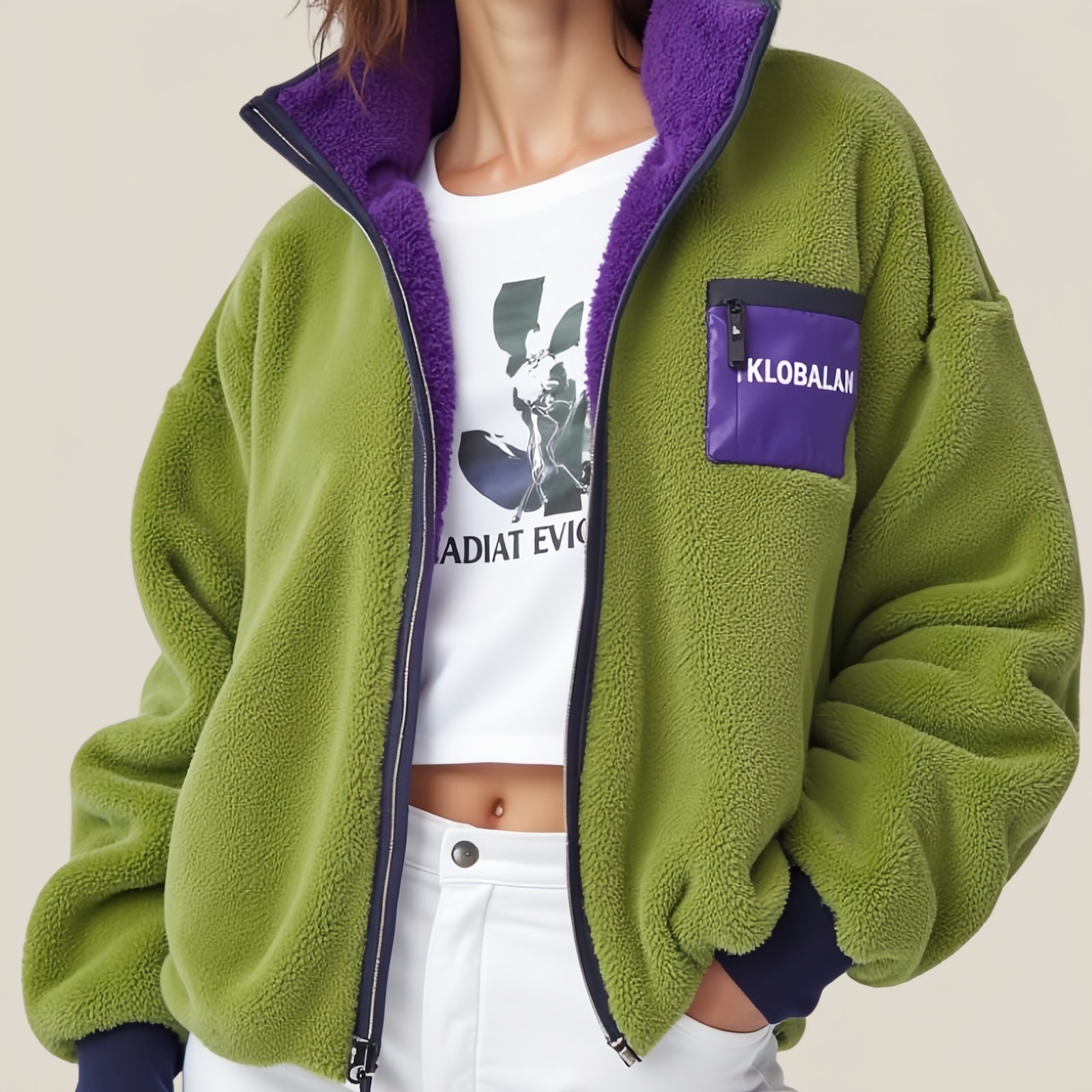 Sage Green and Purple Oversized Fleece Jacket