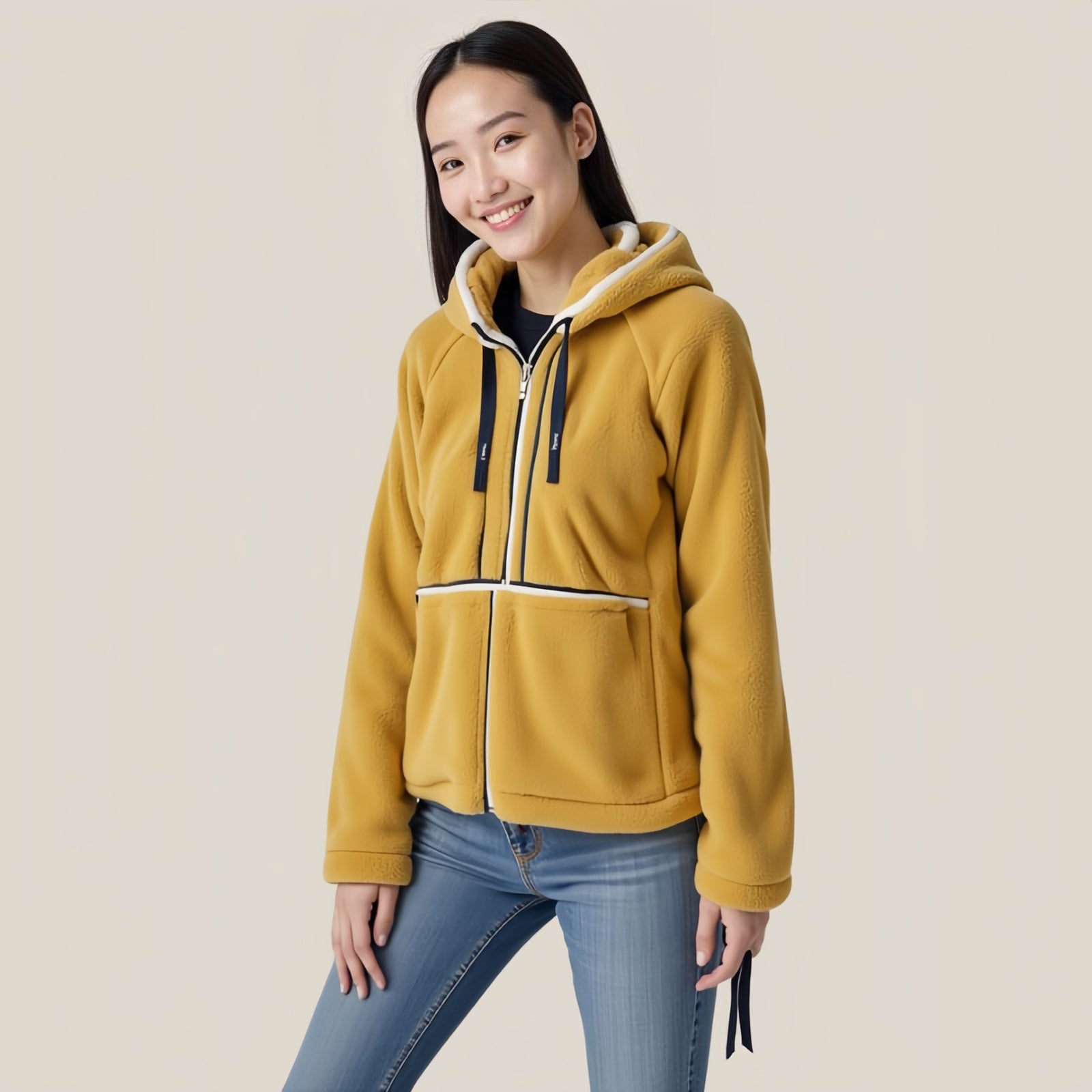 Mustard Fleece Jacket with Hood and Contrasting Details - Warmth and Modern Style