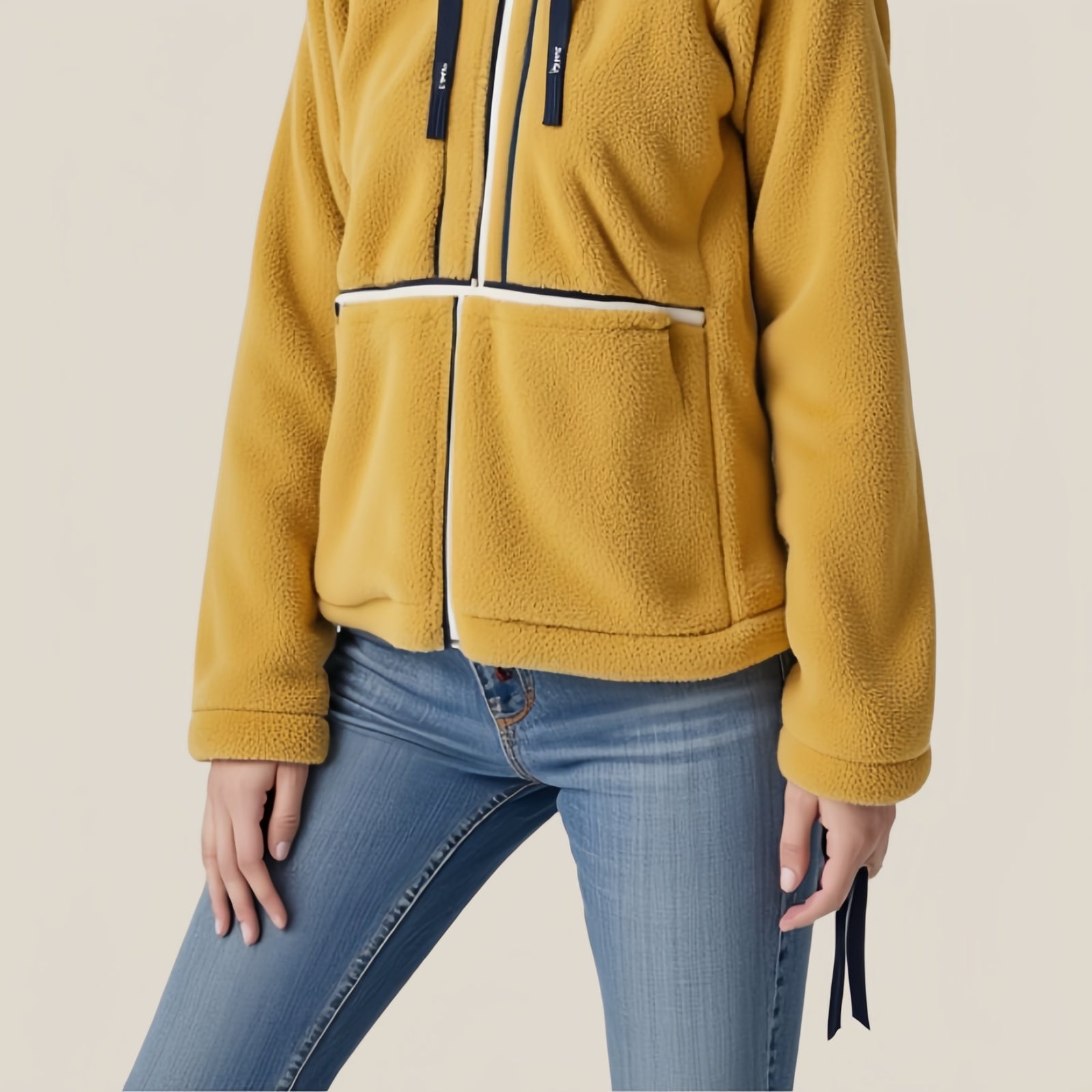 Mustard Fleece Jacket with Hood and Contrasting Details - Warmth and Modern Style