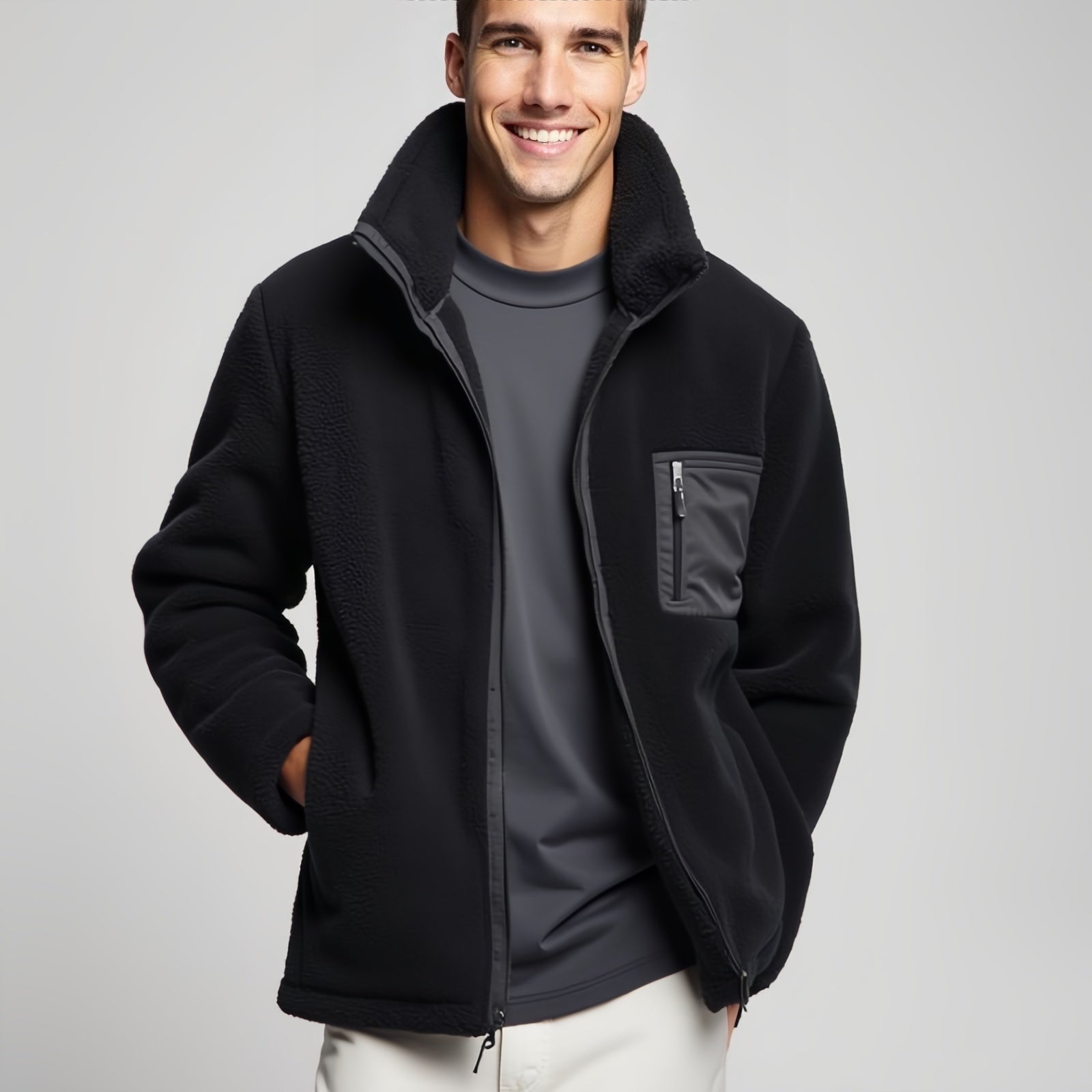 Black Fleece Jacket with Dark Grey Details - Essential Style and Snug Comfort