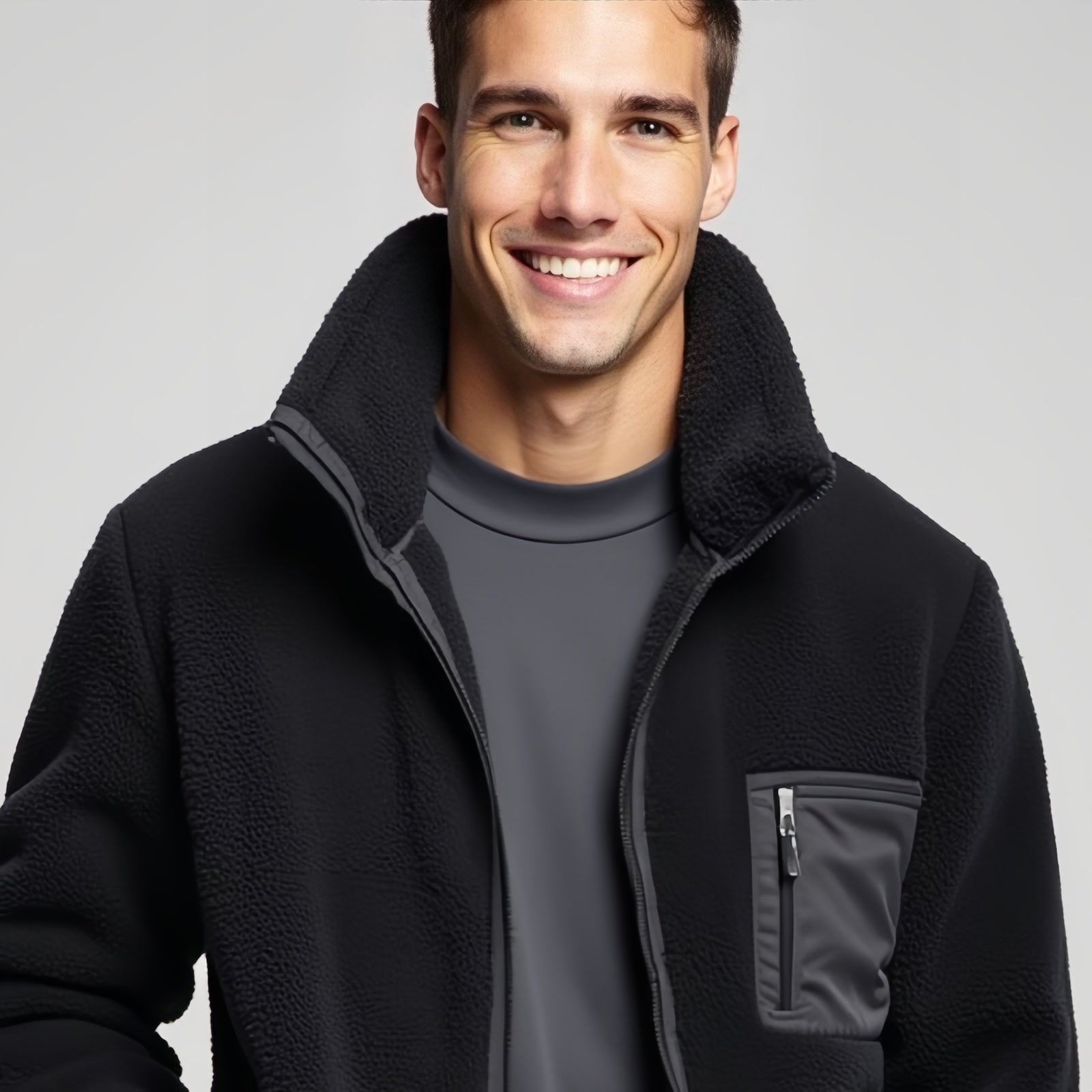 Black Fleece Jacket with Dark Grey Details - Essential Style and Snug Comfort