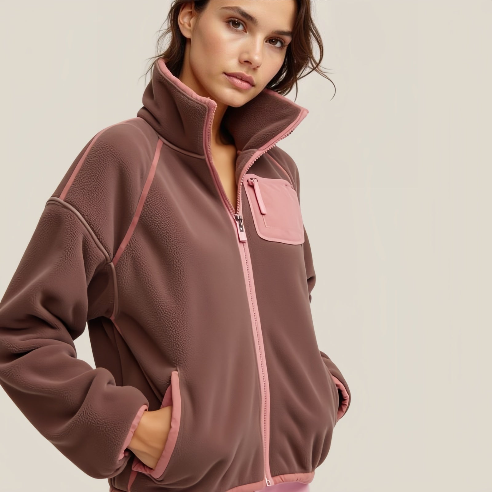 Soft Embrace: The Earth & Coral Handcrafted Fleece Jacket
