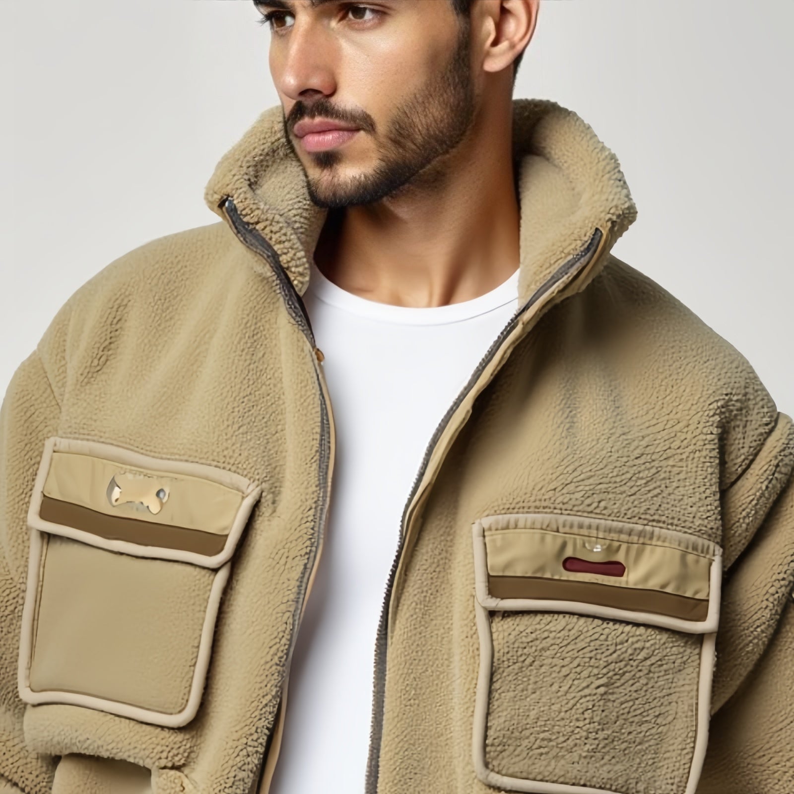 Beige Fleece Bomber Jacket with Striped Details - Distinctive Style and Comfort