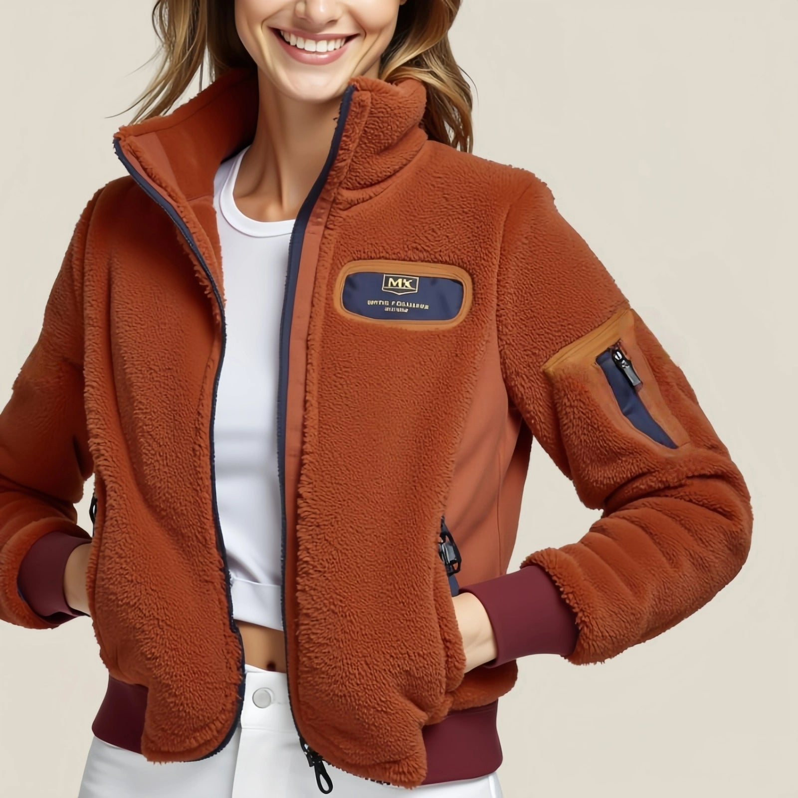 Khaki Loft – Giacca in Pile Marrone con Zip Celeste e Patch “Mountain Khakis”