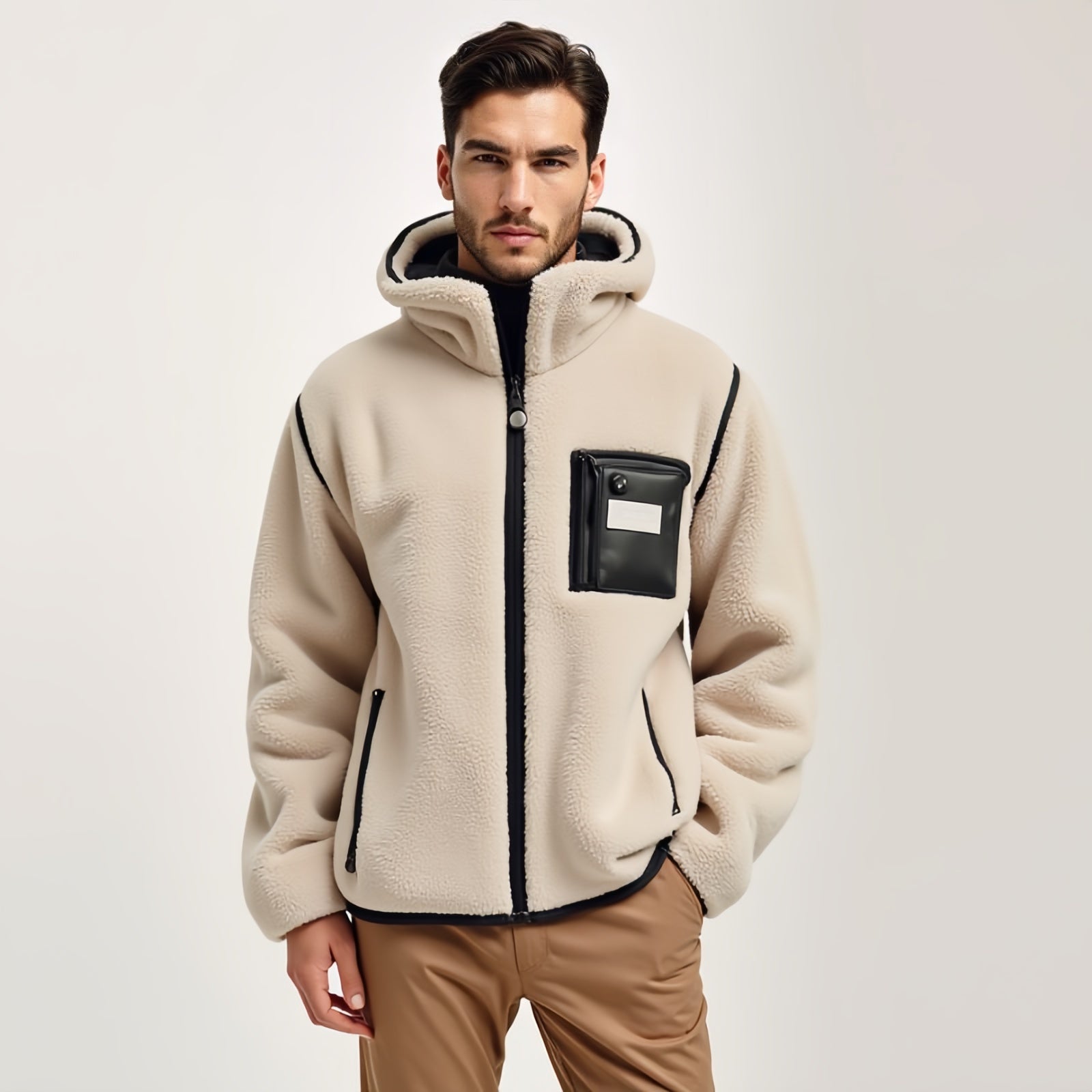 Sandform – Black Contrast Fleece Hooded Jacket with Functional Look