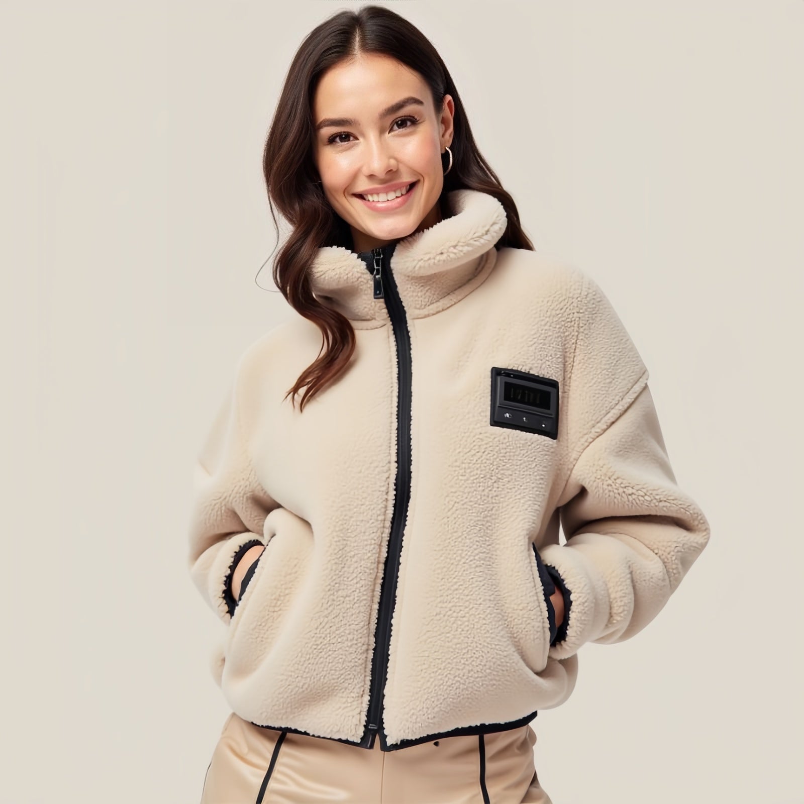 Cream Fleece Jacket with Black Details - Casual Elegance