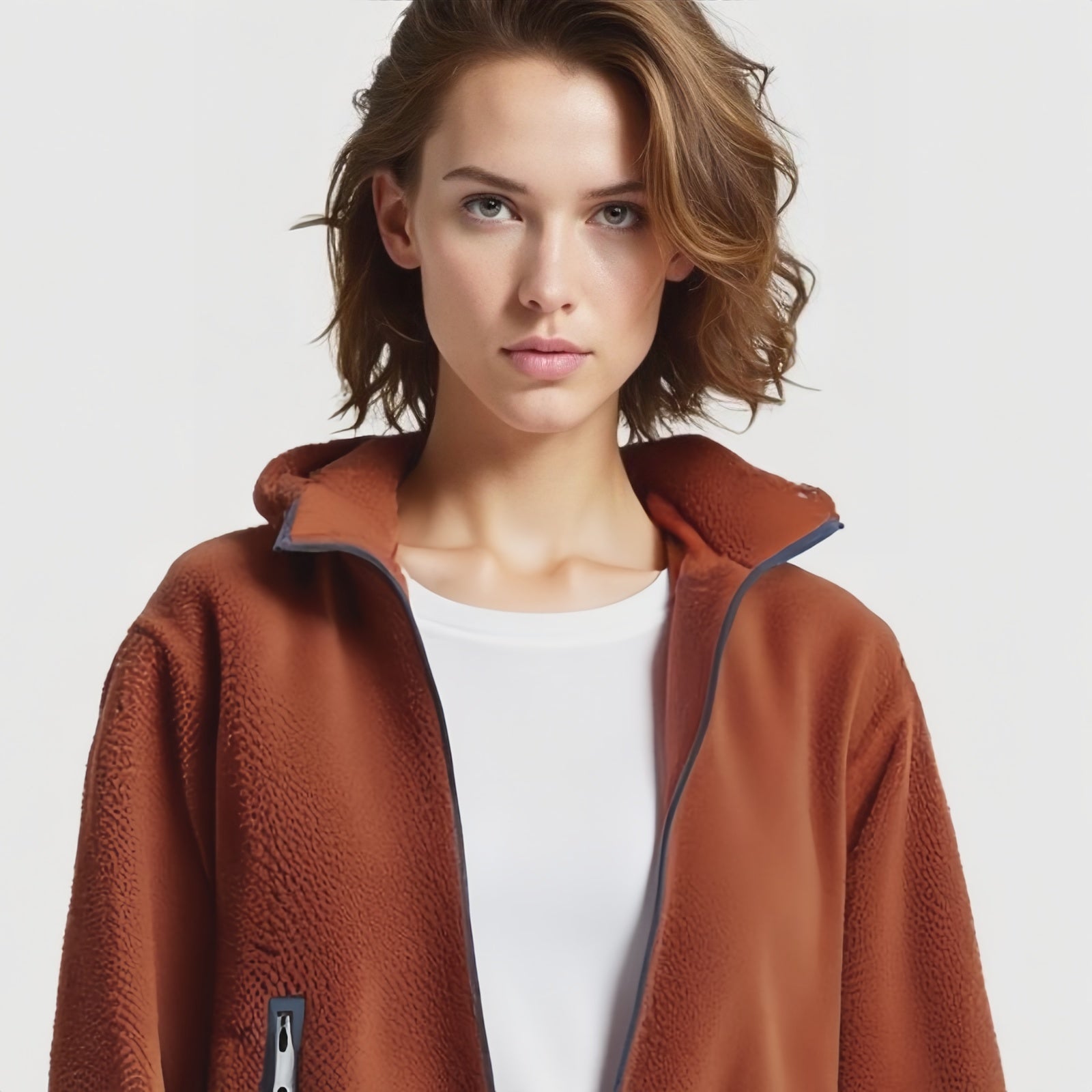 Amber Ridge – Rust Full-Zip Fleece Jacket with Minimalist Turtleneck