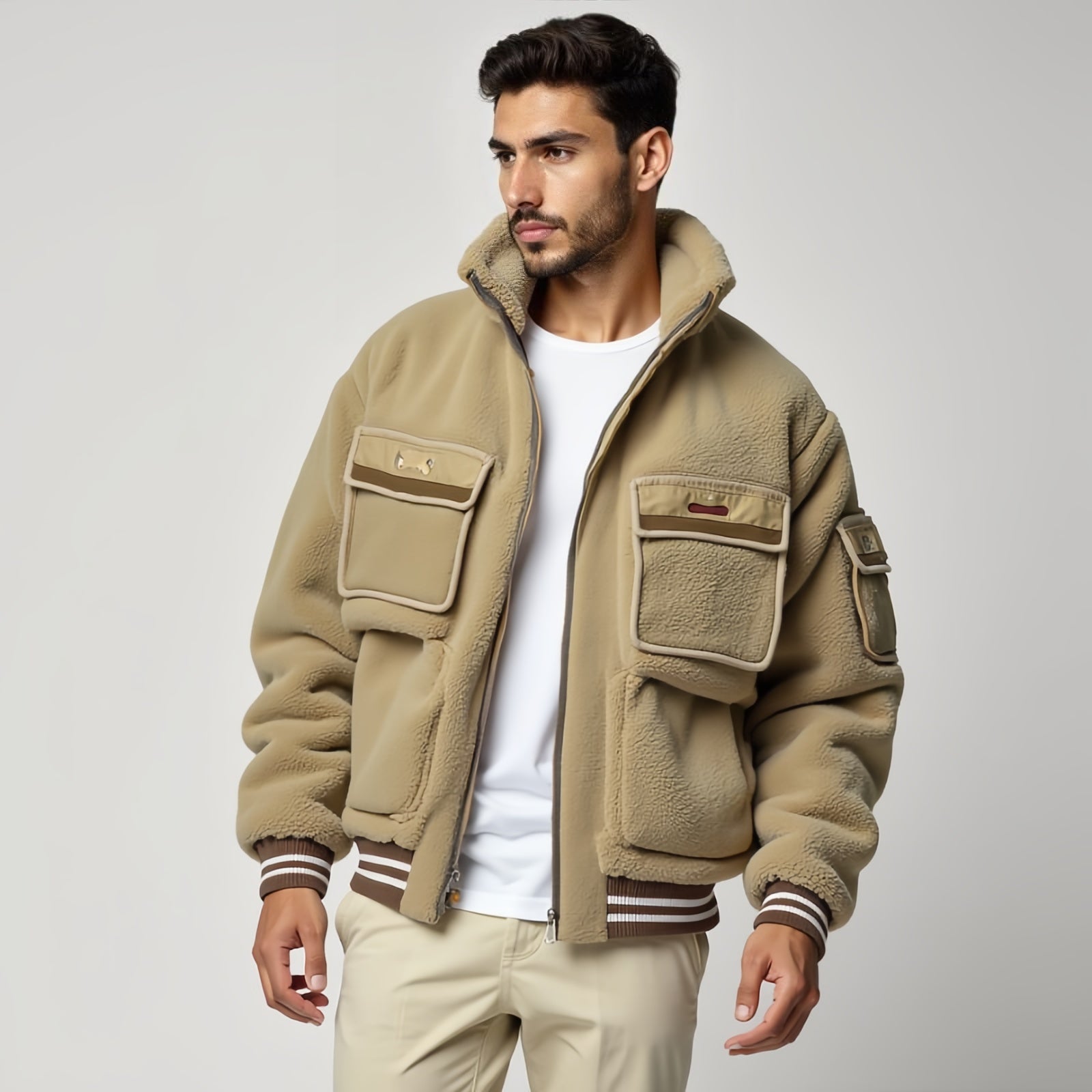 Beige Fleece Bomber Jacket with Striped Details - Distinctive Style and Comfort