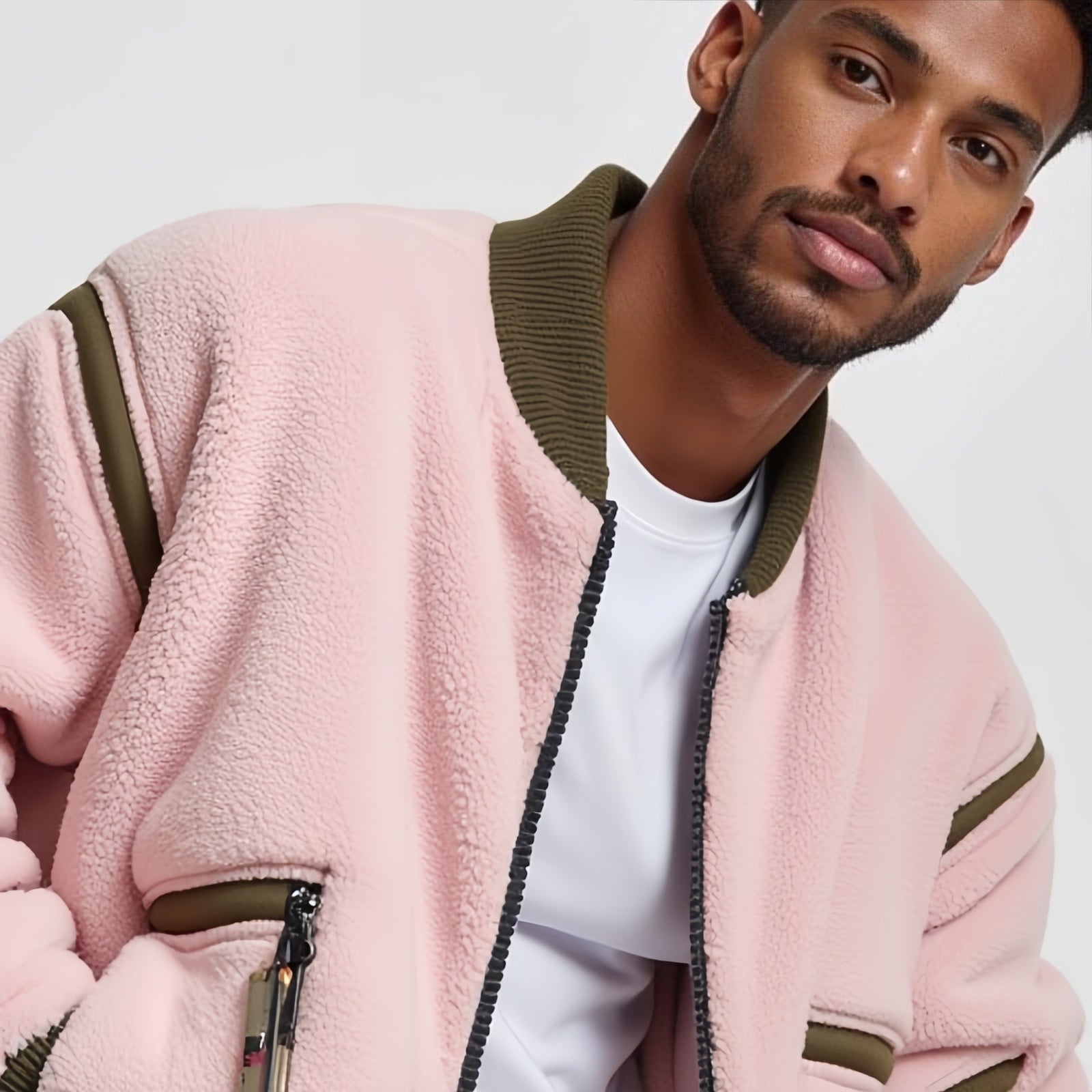 Blush Terrain – Pink Teddy Bomber Jacket with Olive Green Details and Urban Lines