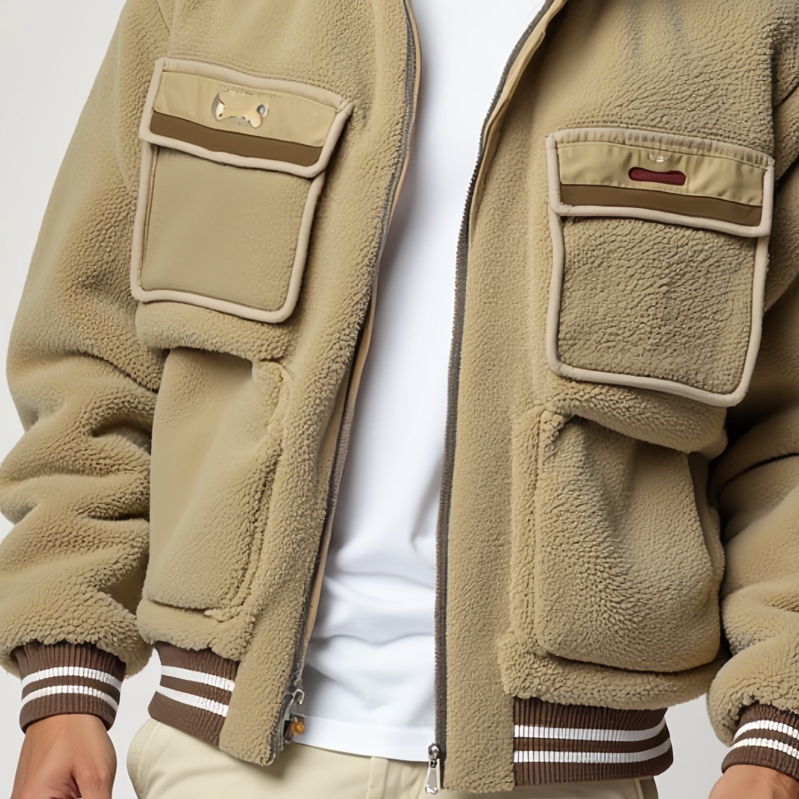 Beige Fleece Bomber Jacket with Striped Details - Distinctive Style and Comfort