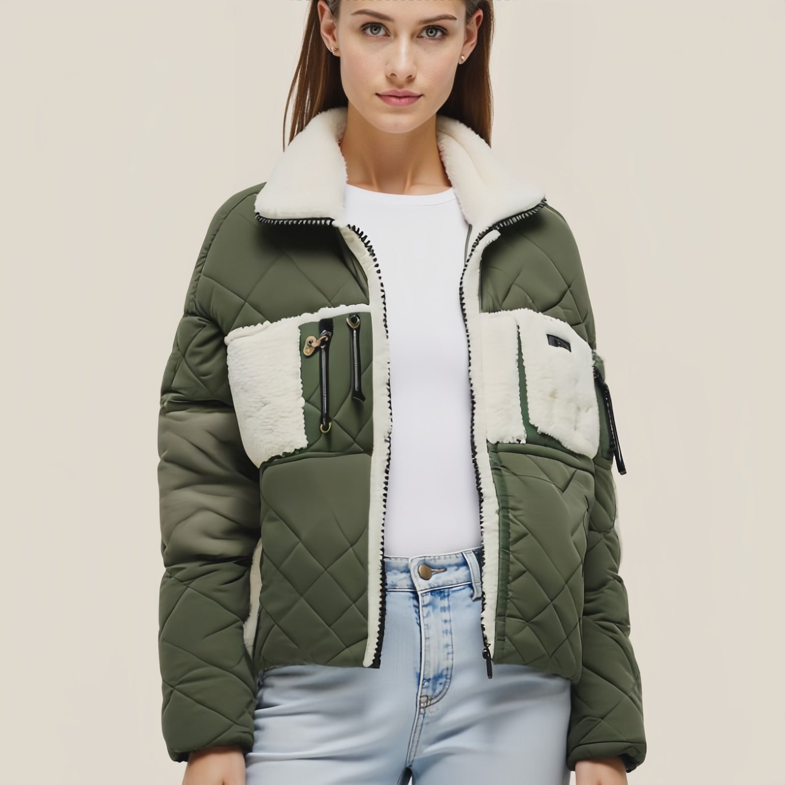 Sage Grid – Giacca Trapuntata Verde con Interno in Pile Bianco e Dettagli Utility