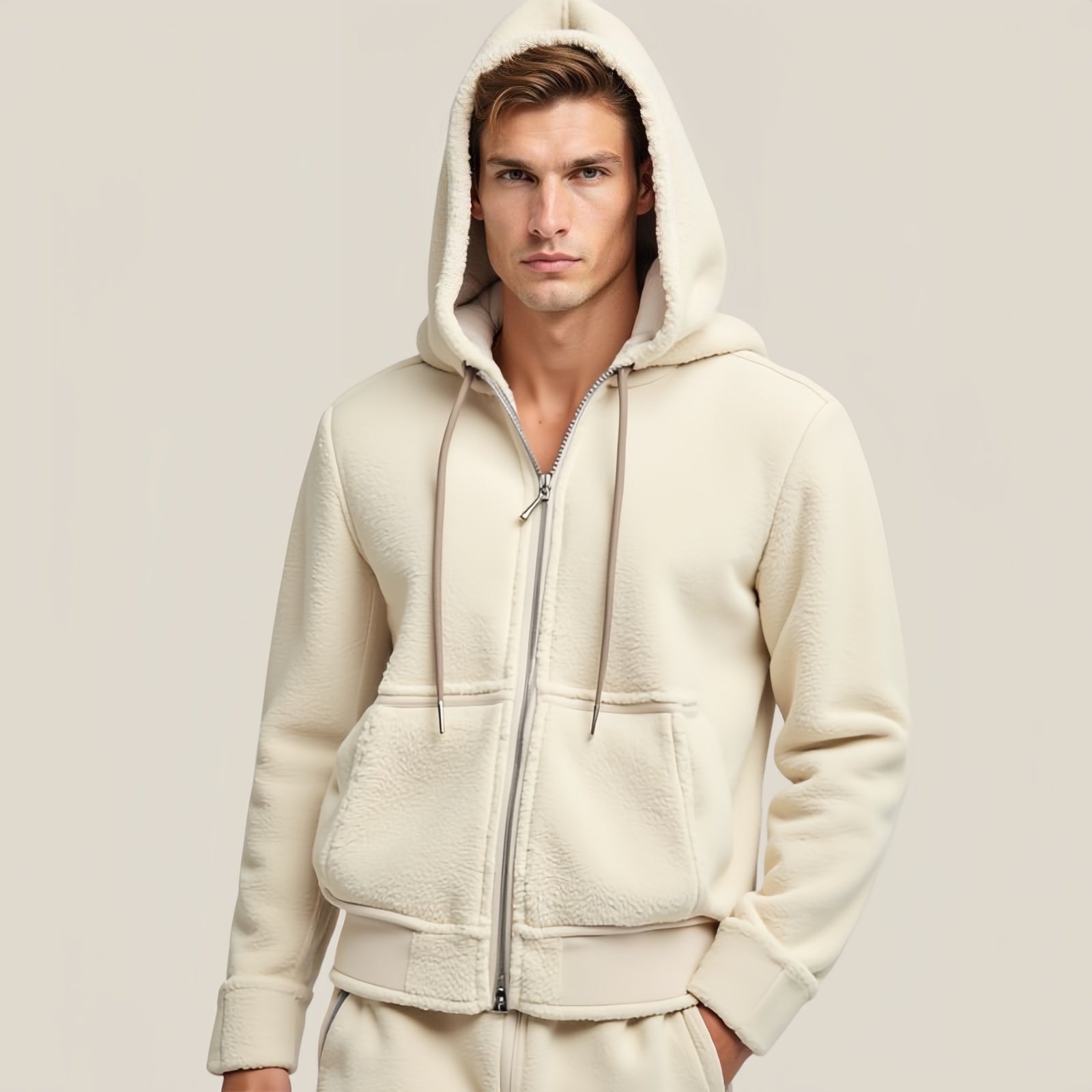 Ivory Loop – Ensemble sweat à capuche et pantalon de jogging en polaire crème