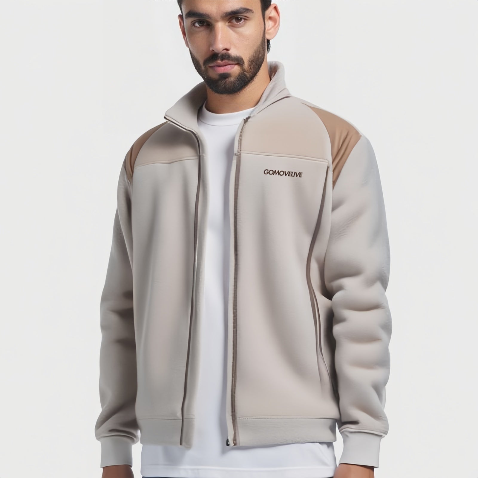 Stone Range – Giacca Zip-Up Beige con Spalle Rinforzate e Collo Alto