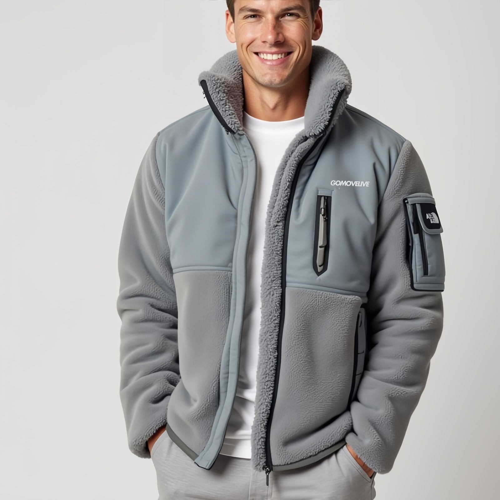 Gomovelive Grid – Grey Fleece Jacket with Sherpa Collar and Zip Pockets