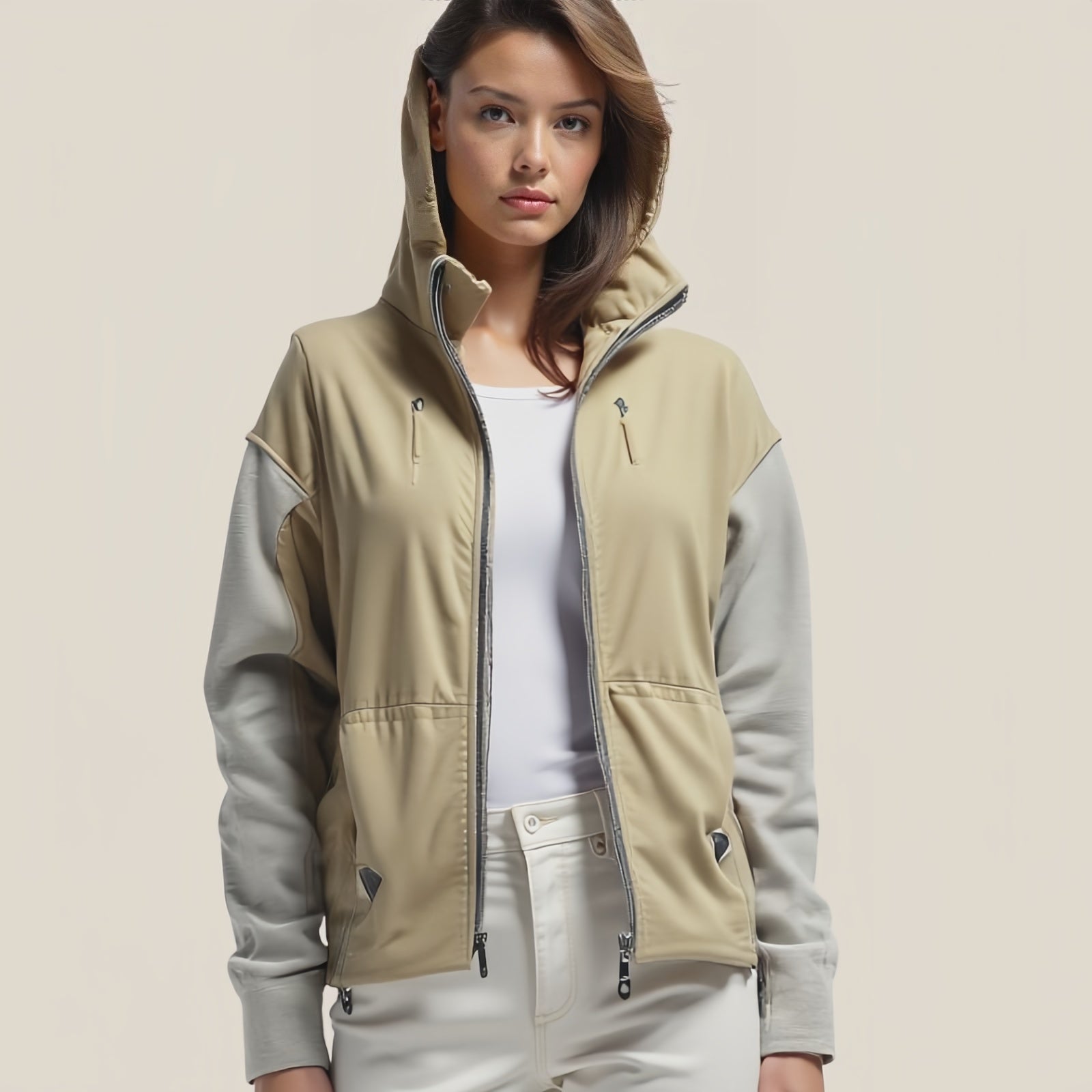 Glacier Duo – Giacca Bicolor Beige e Grigio con Cappuccio e Tasche Zip