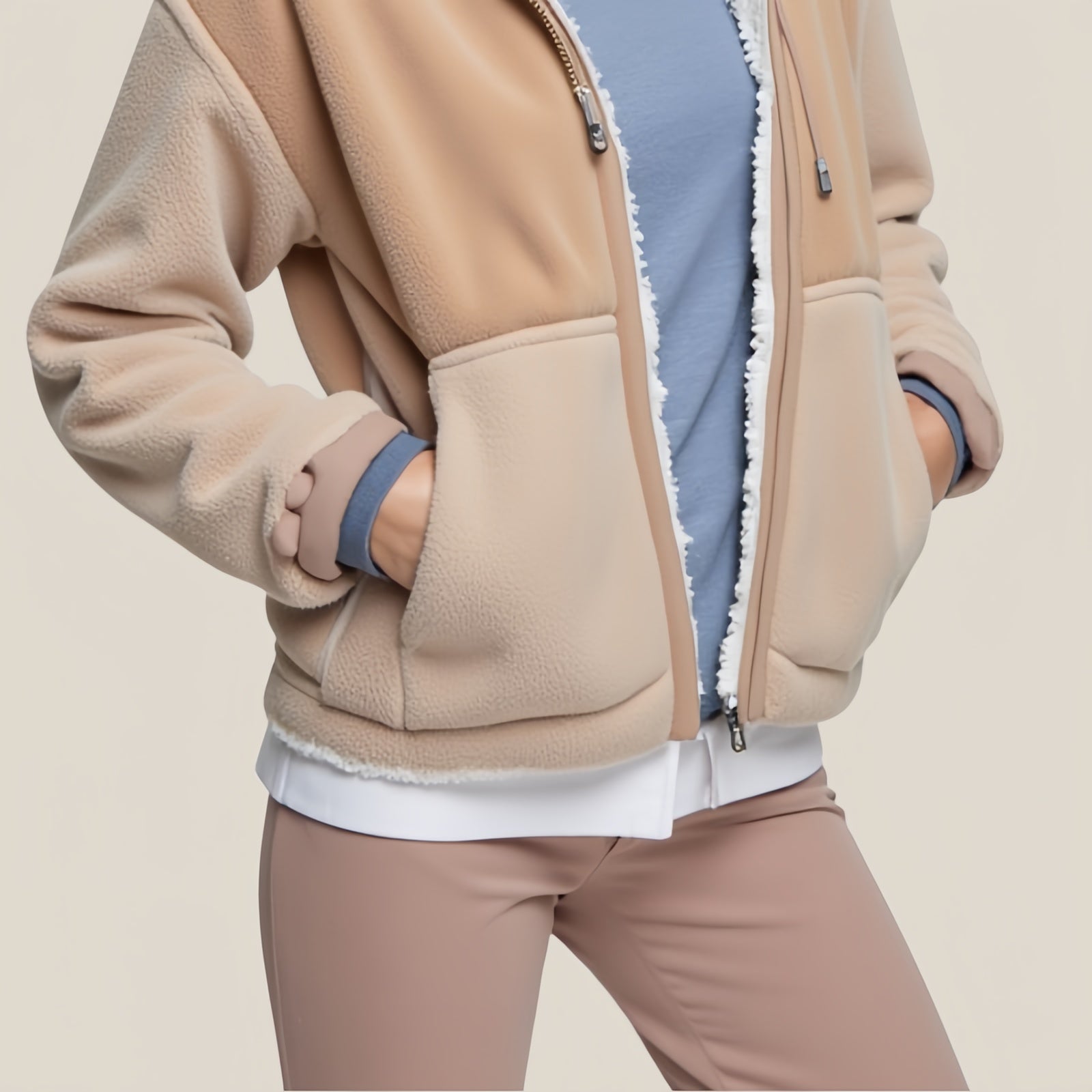 Cream Fold – Beige Fleece Jacket with White Sherpa Lining and Oversized Pockets