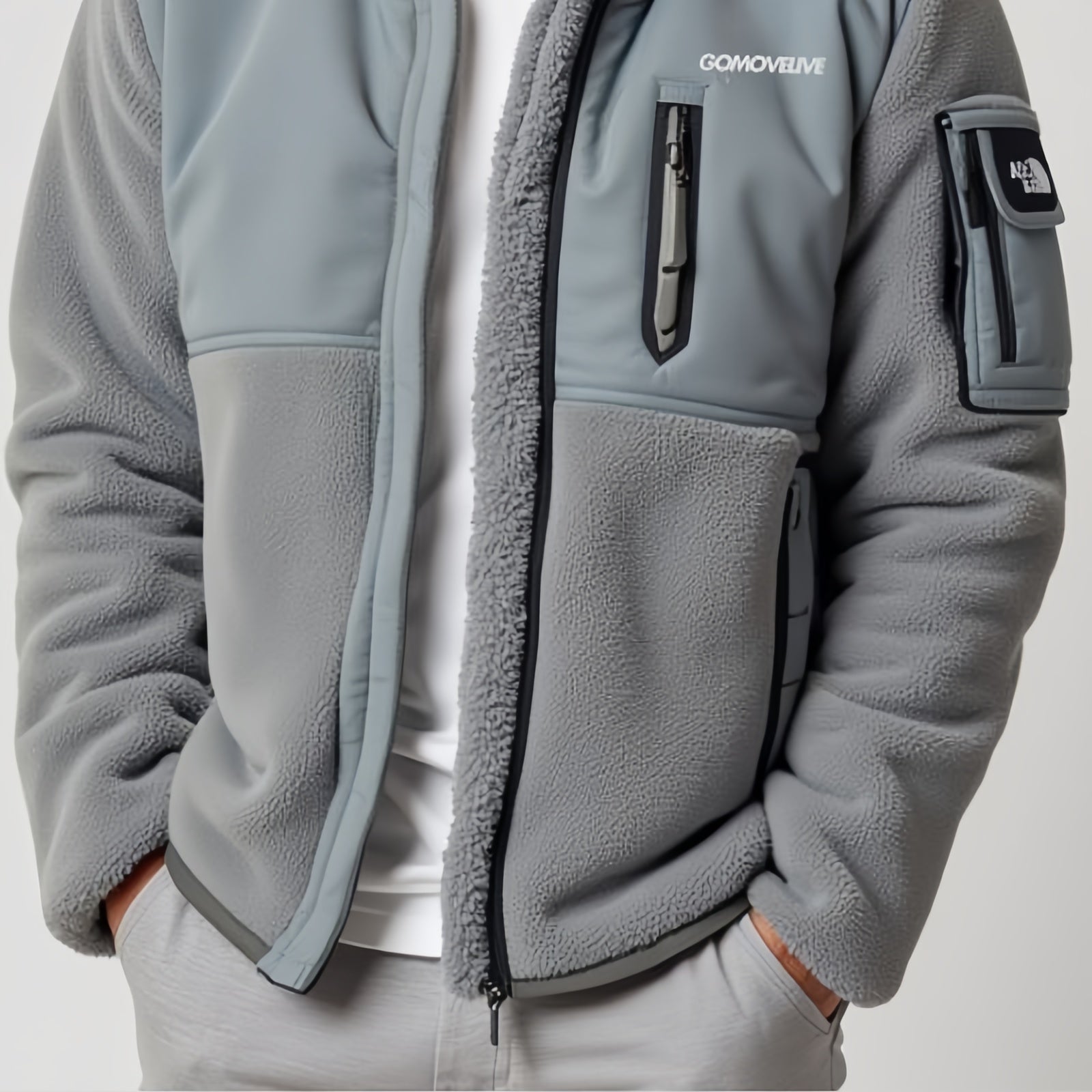 Gomovelive Grid – Grey Fleece Jacket with Sherpa Collar and Zip Pockets