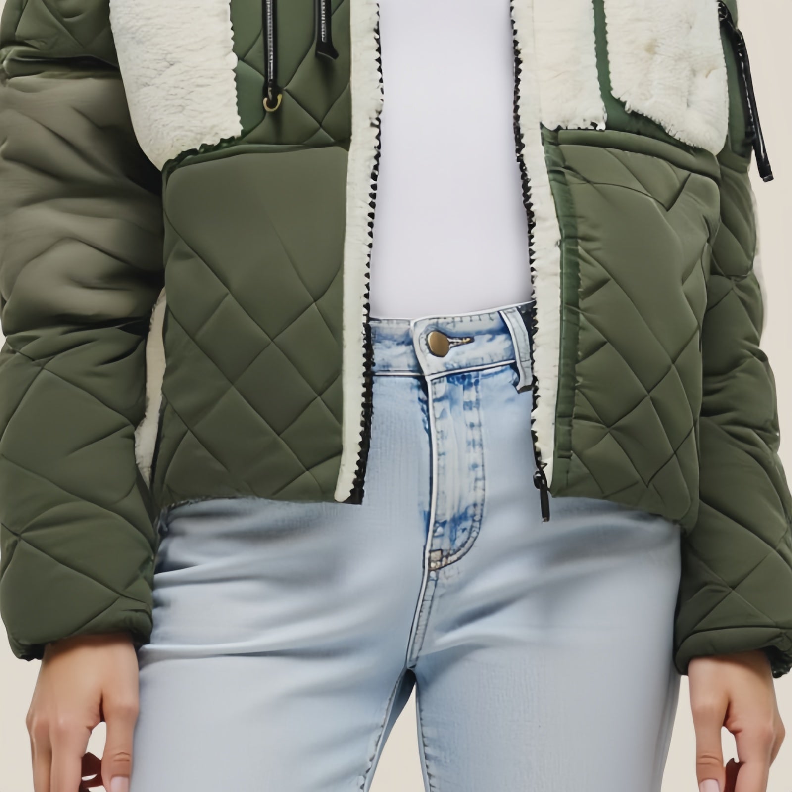 Sage Grid – Giacca Trapuntata Verde con Interno in Pile Bianco e Dettagli Utility
