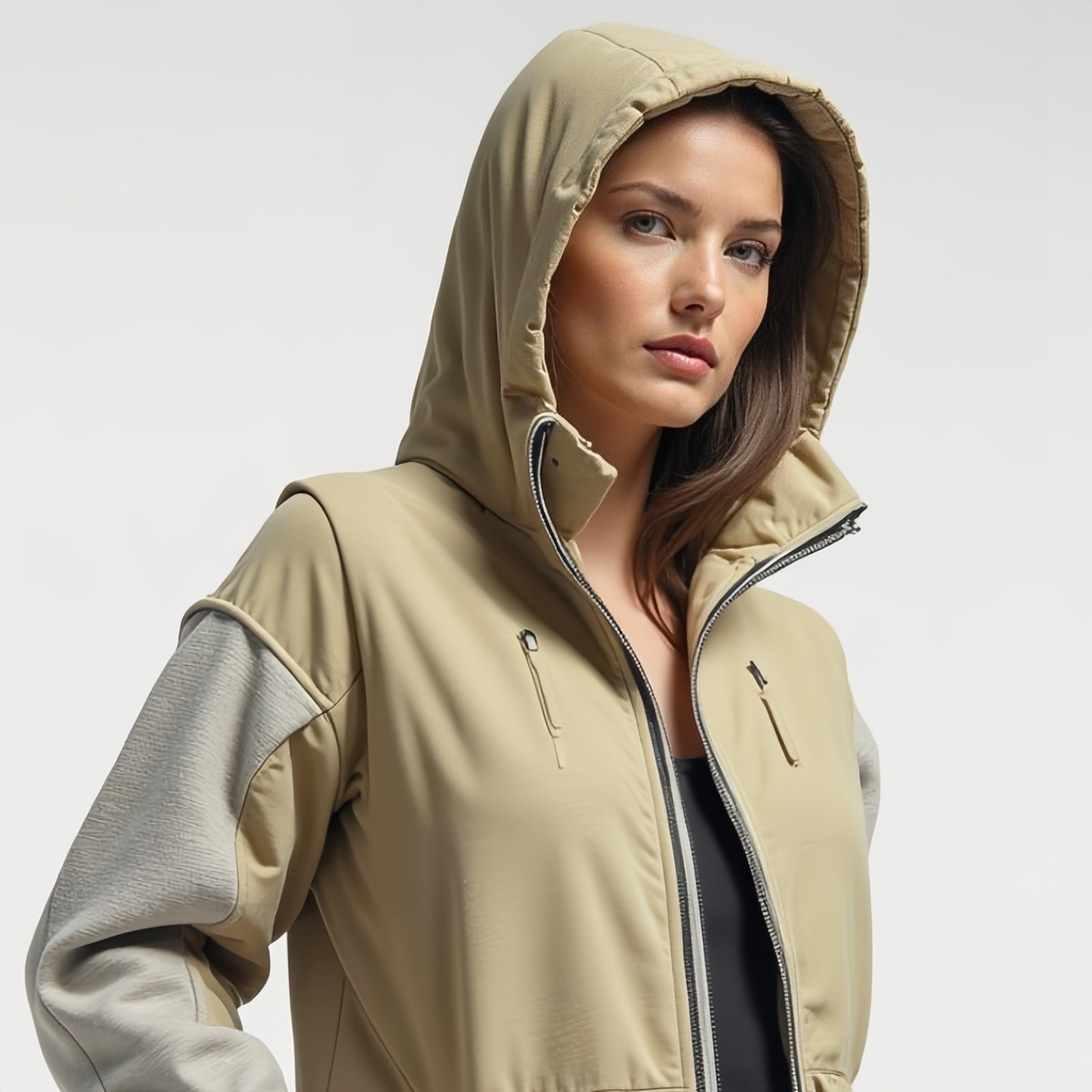 Glacier Duo – Giacca Bicolor Beige e Grigio con Cappuccio e Tasche Zip