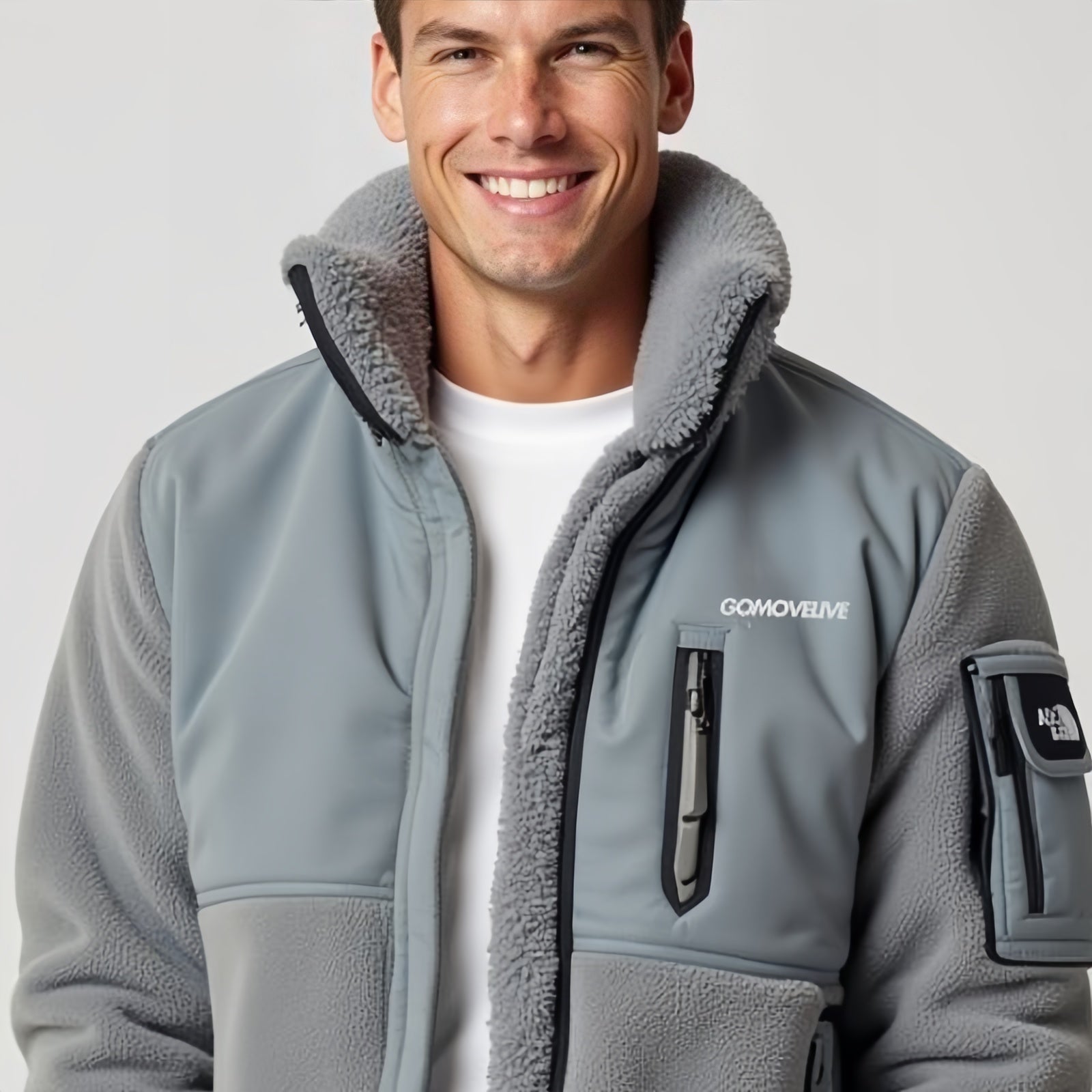 Gomovelive Grid – Grey Fleece Jacket with Sherpa Collar and Zip Pockets