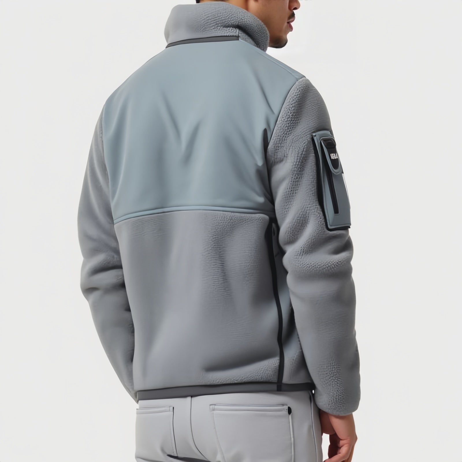 Gomovelive Grid – Grey Fleece Jacket with Sherpa Collar and Zip Pockets