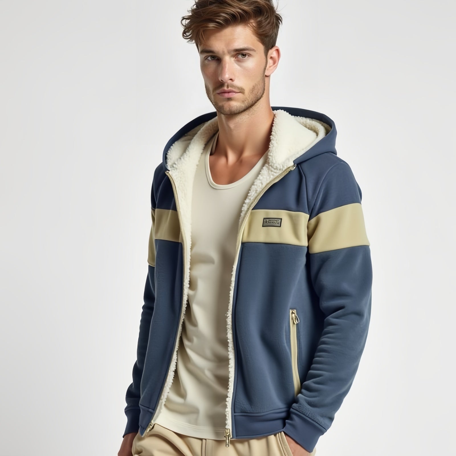 Panel Sherpa – Hoodie Zip-Up Bicolor con Interno in Pile e Branding “KLAN”