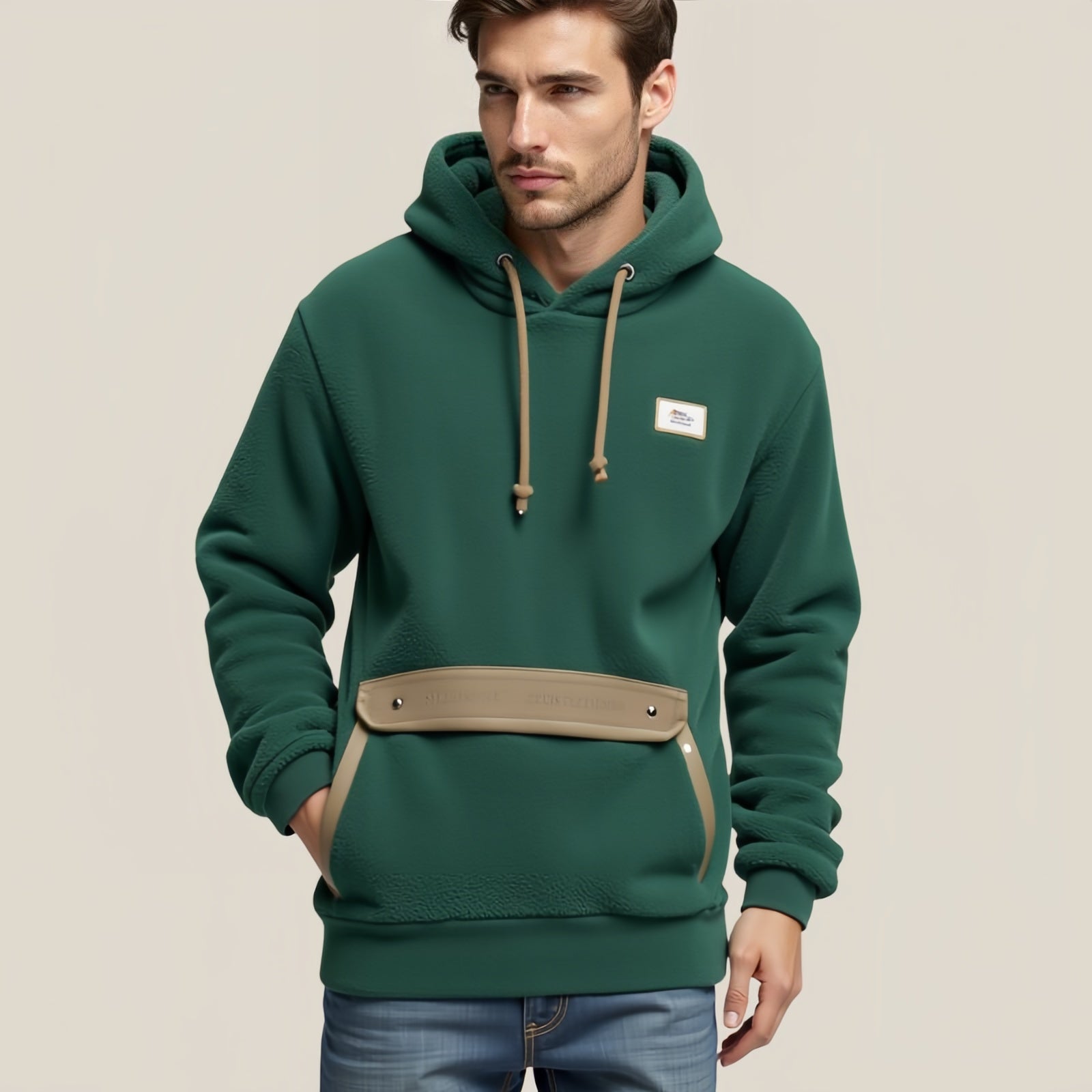 Evergreen Loop – Green Hoodie with Embroidered Patch and Front Strap