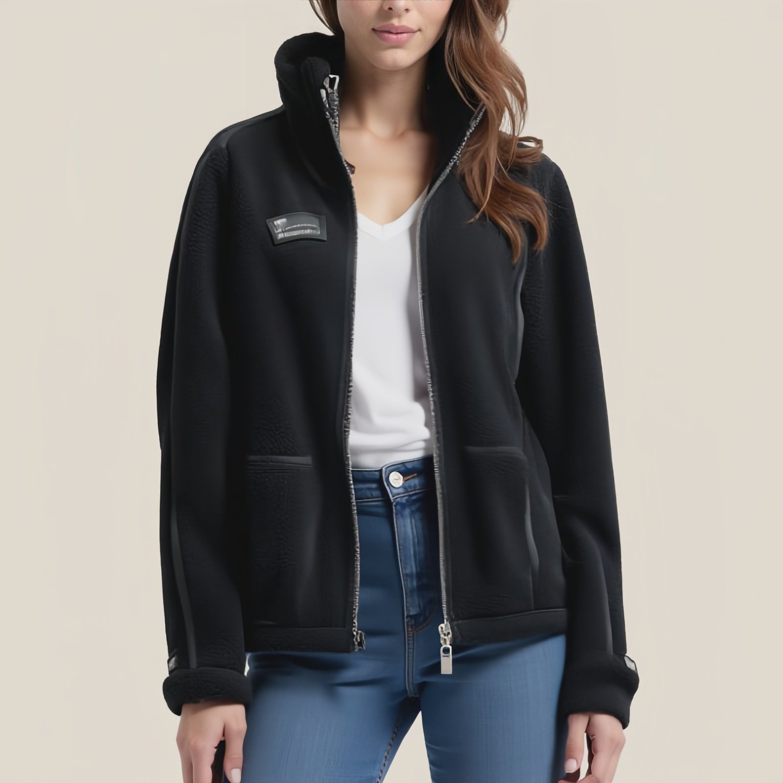 Blackridge Core – Black Fleece Jacket with High Neck and Graphic Patch