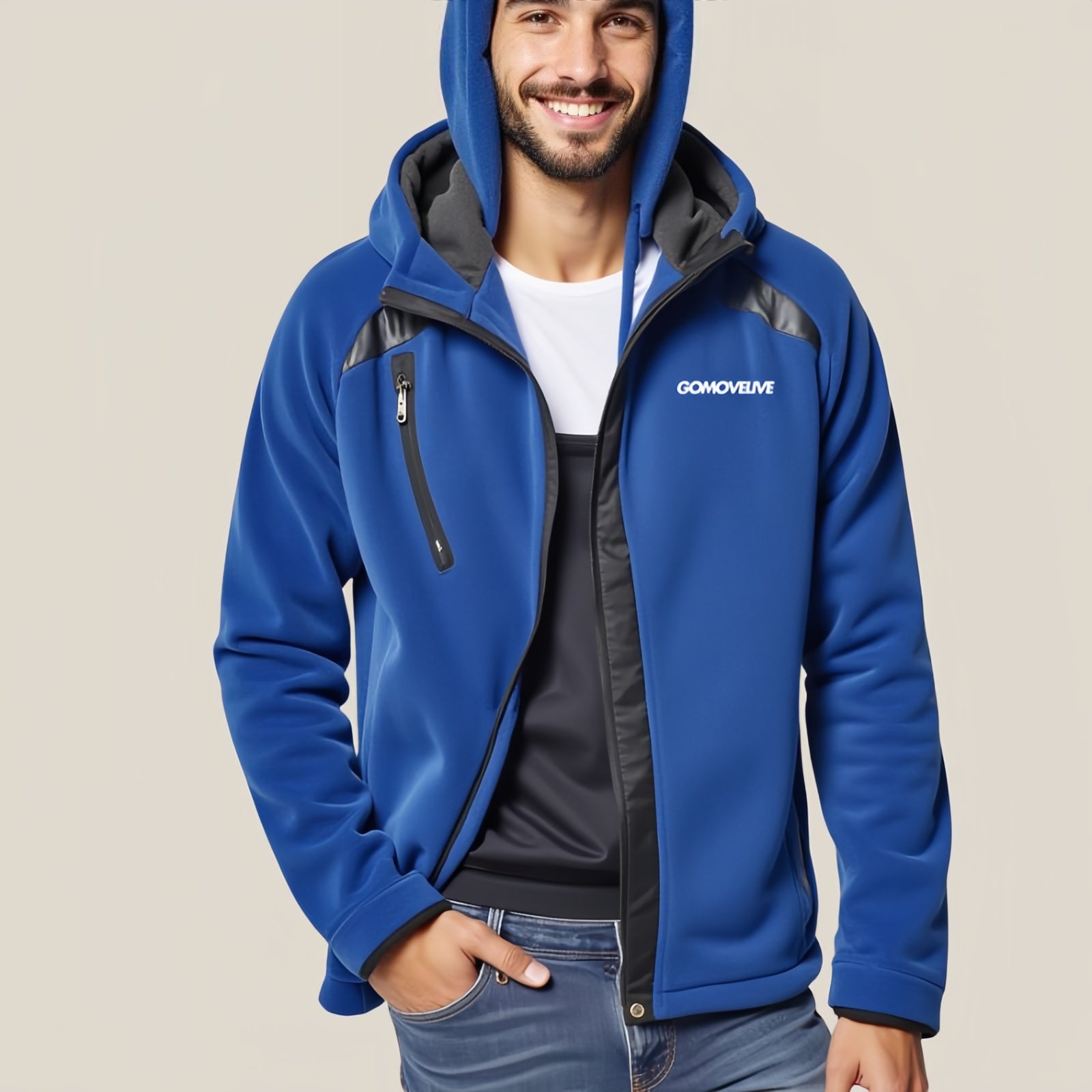 GOMOVELIVE Element – Blue Technical Jacket with Hood and Zip Chest Pocket