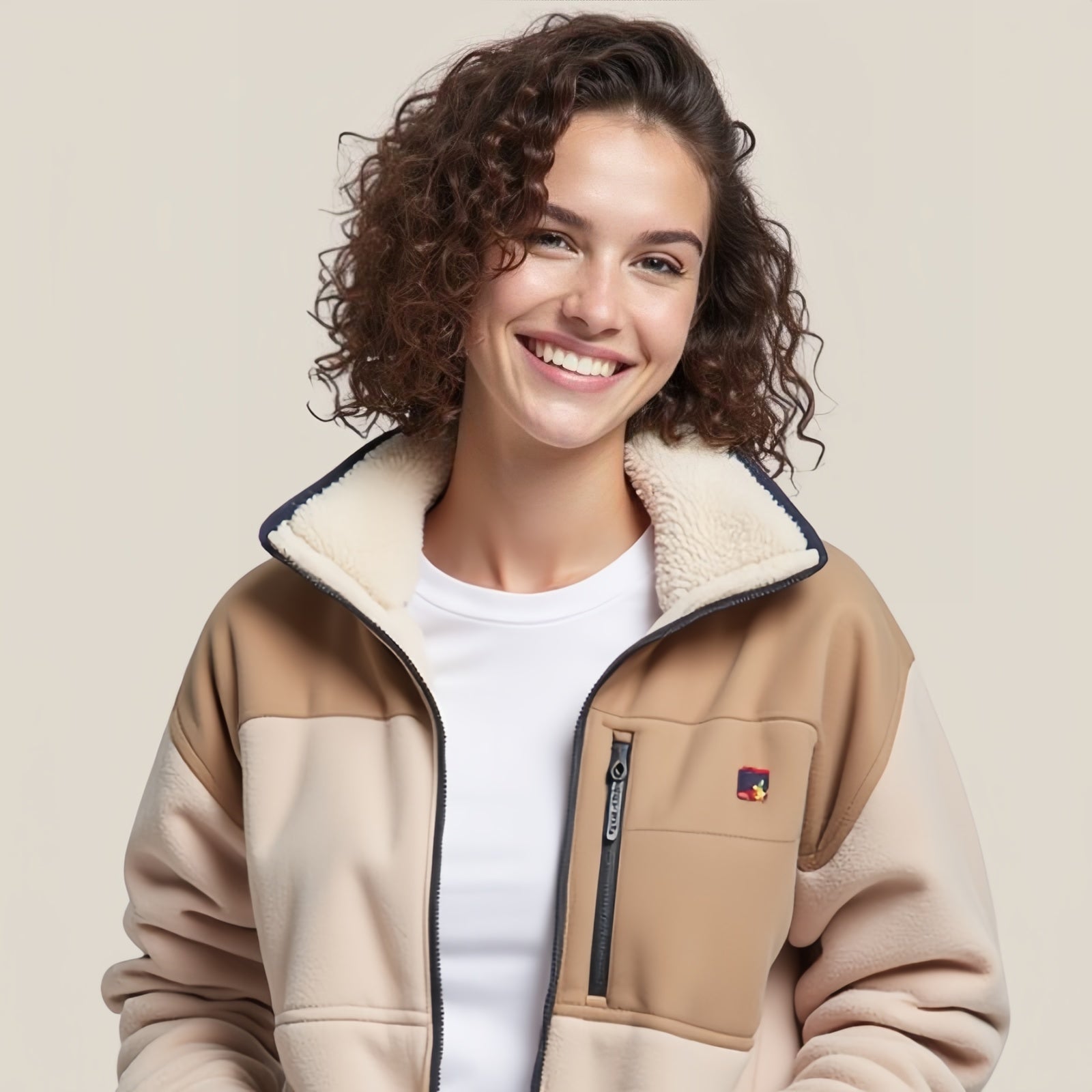 Nordcrest – Giacca in Pile Beige con Collo Sherpa e Tasca Zip sul Petto