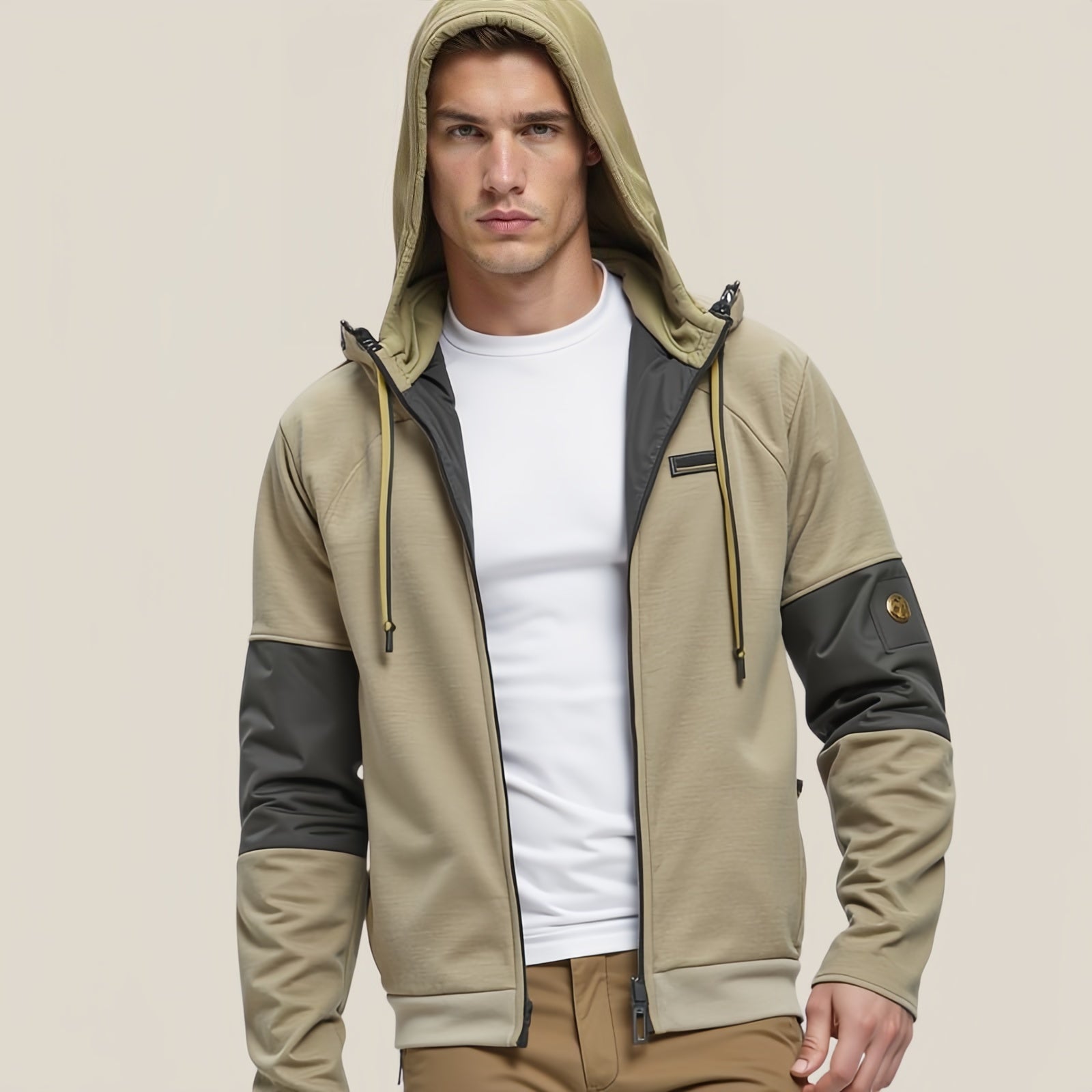 Split Terrain – Felpa con Cappuccio Bicolor Beige e Nera con Patch Grafico