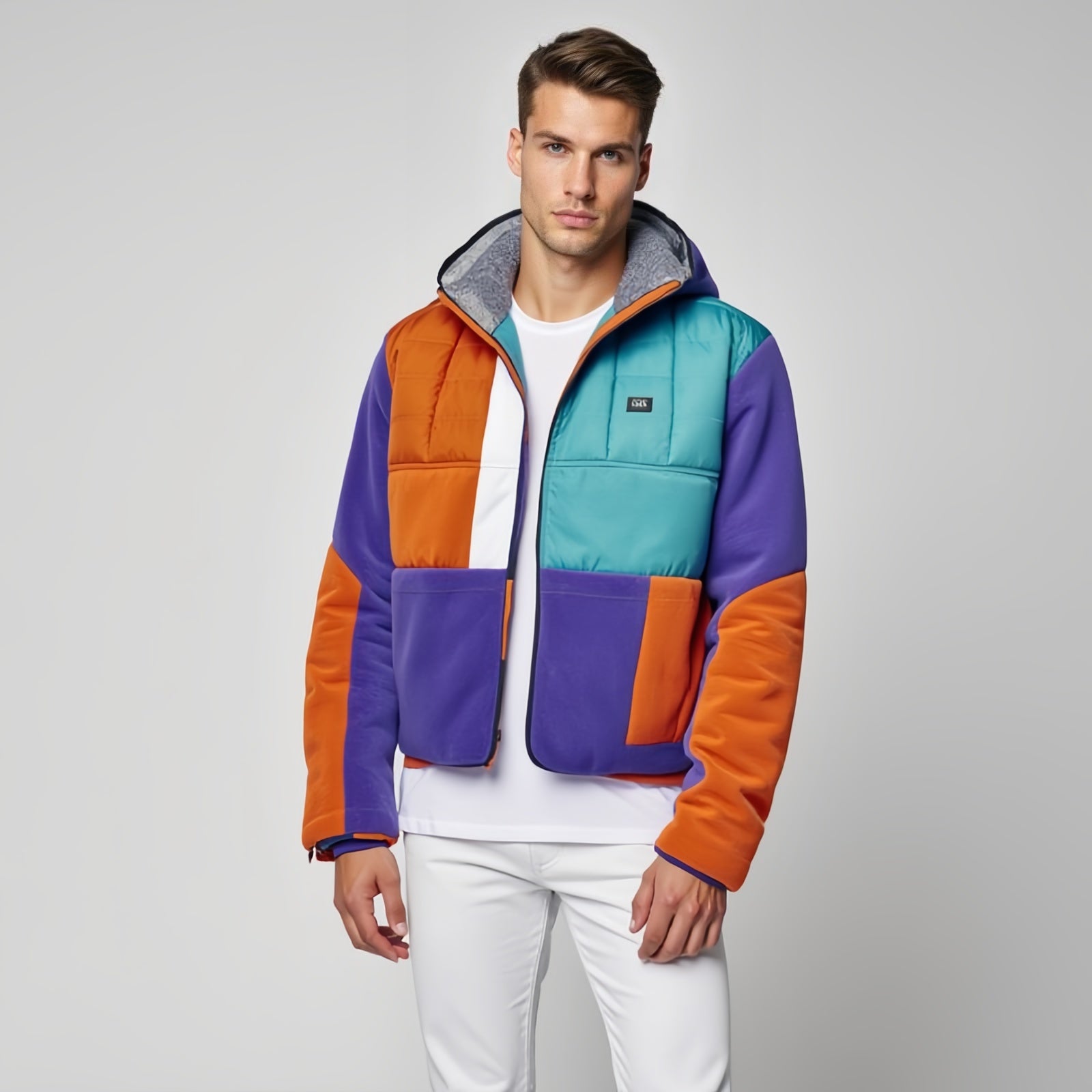 Spectrum Block – Giacca Patchwork Multicolore con Cappuccio e Logo Frontale