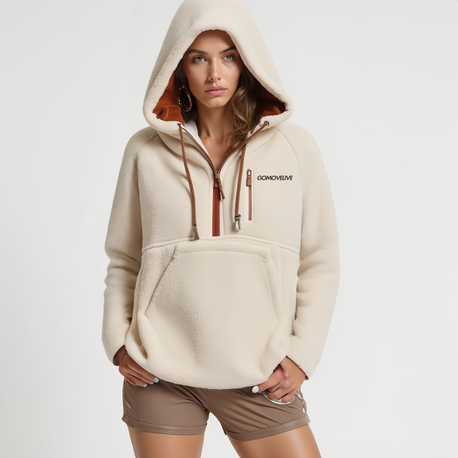 GOMOVELIVE Core – Beige Half-Zip Fleece Pullover with Adjustable Hood