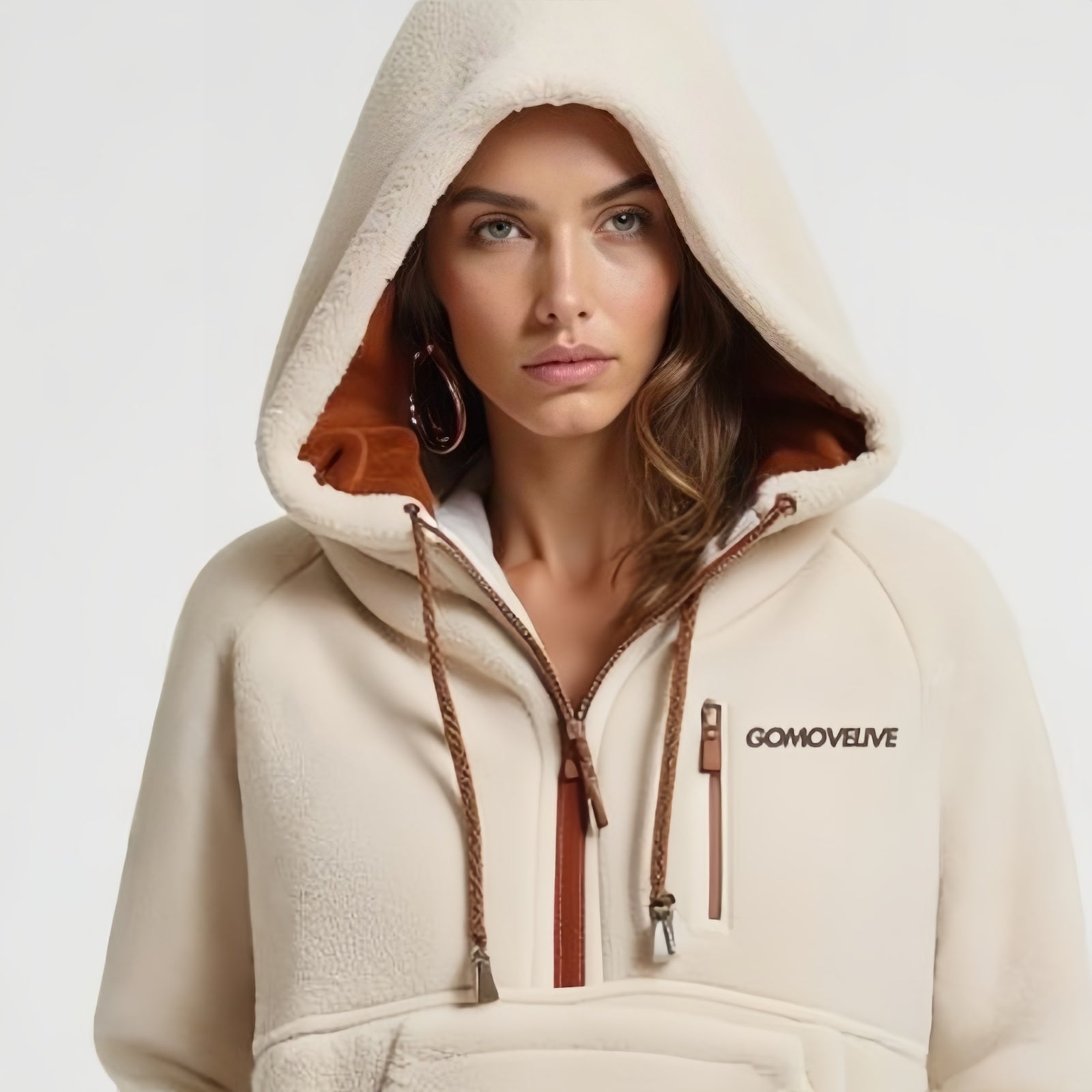 GOMOVELIVE Core – Beige Half-Zip Fleece Pullover with Adjustable Hood