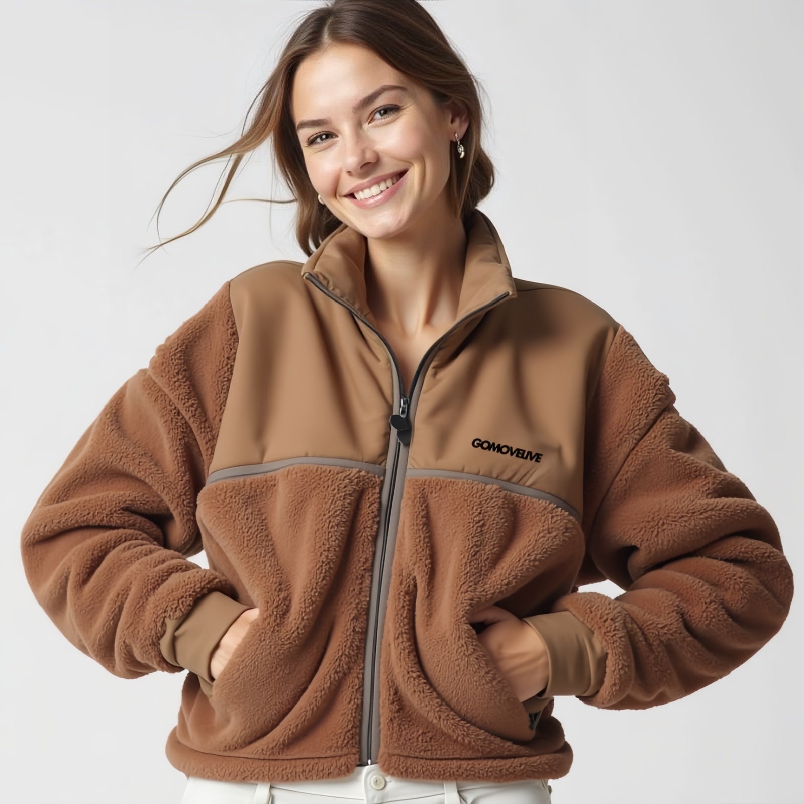 Gomovelive 2024 – Two-Tone Brown and Beige Fleece Jacket with Front Zip