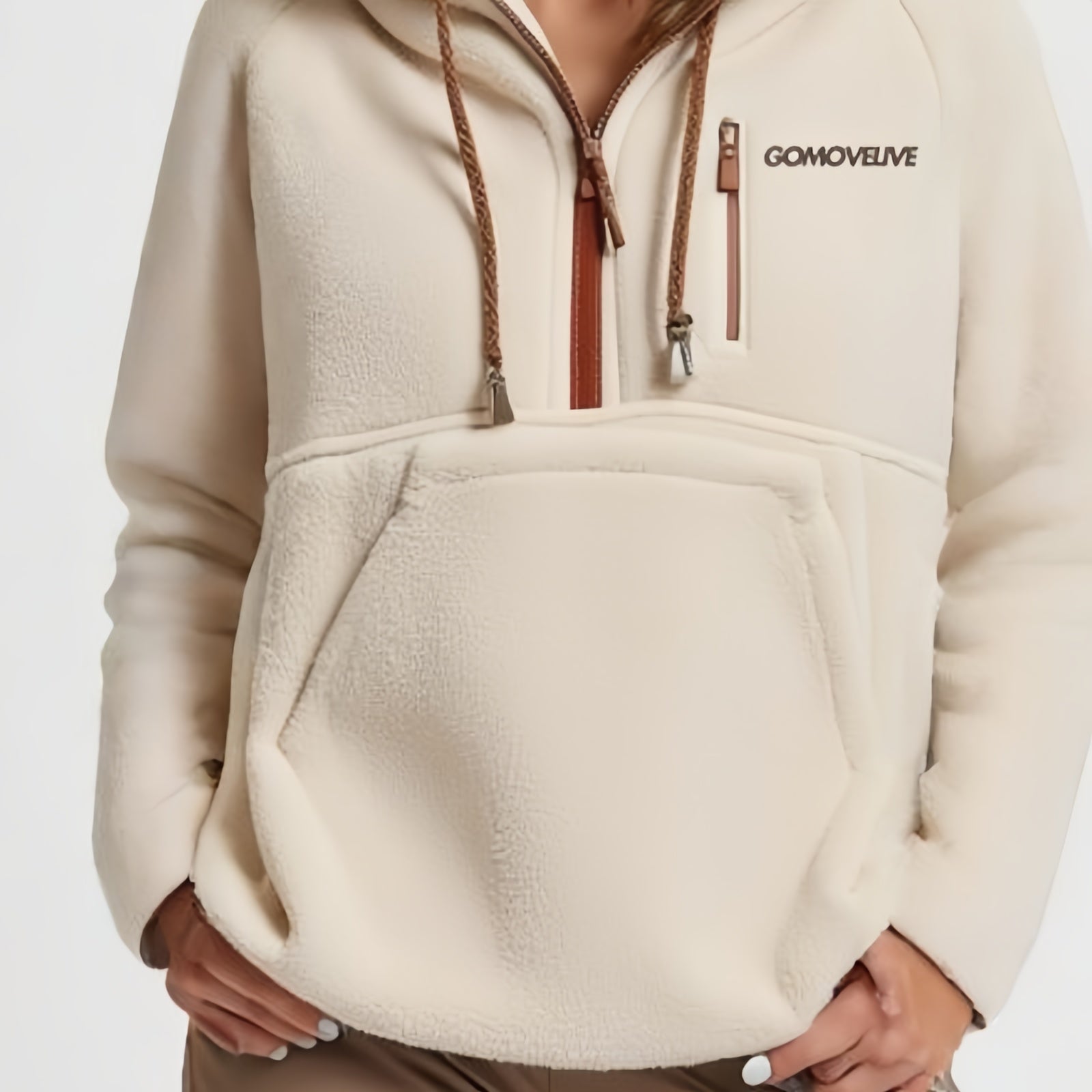GOMOVELIVE Core – Beige Half-Zip Fleece Pullover with Adjustable Hood