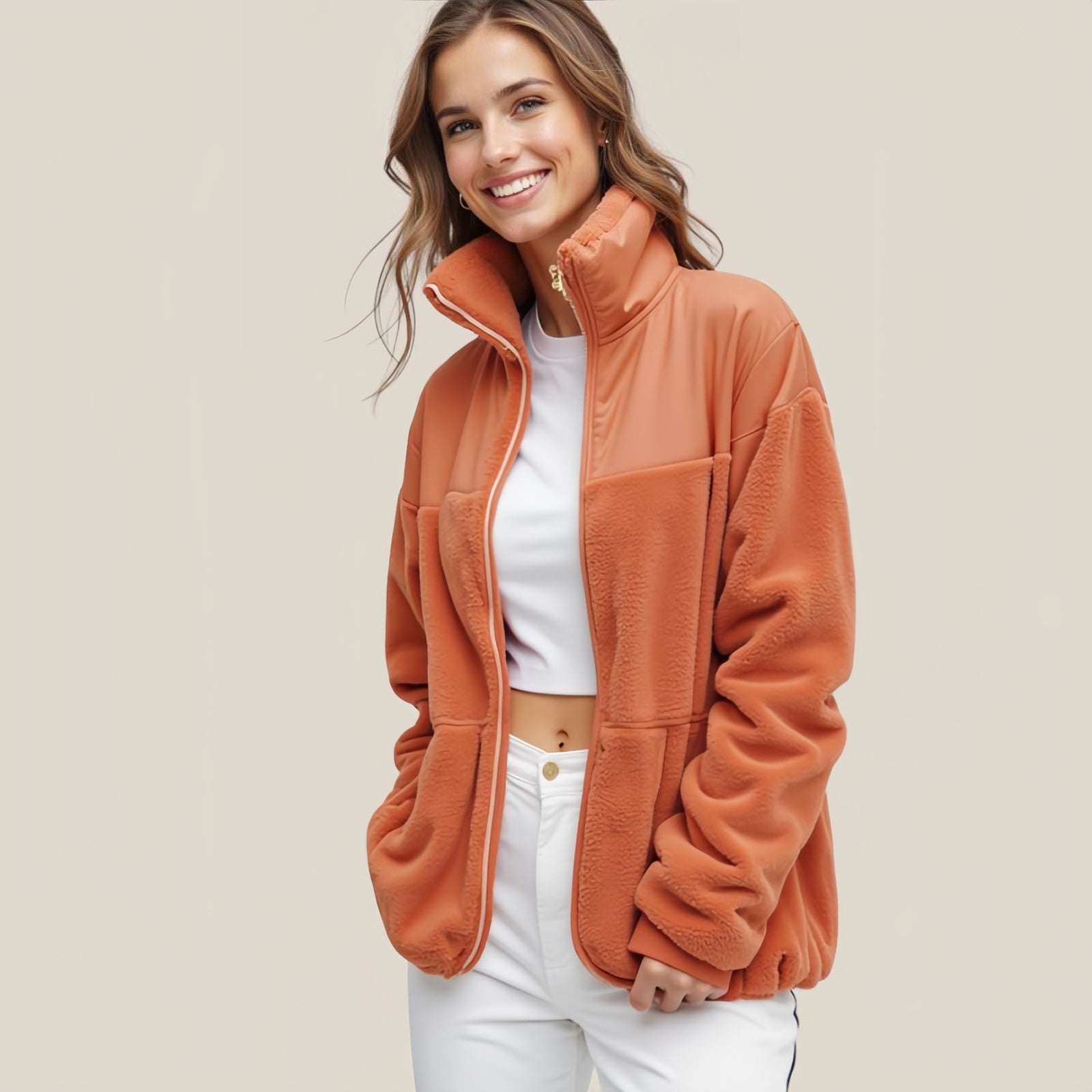 Orange Technical Jacket with Fleece Inserts and Front Zip
