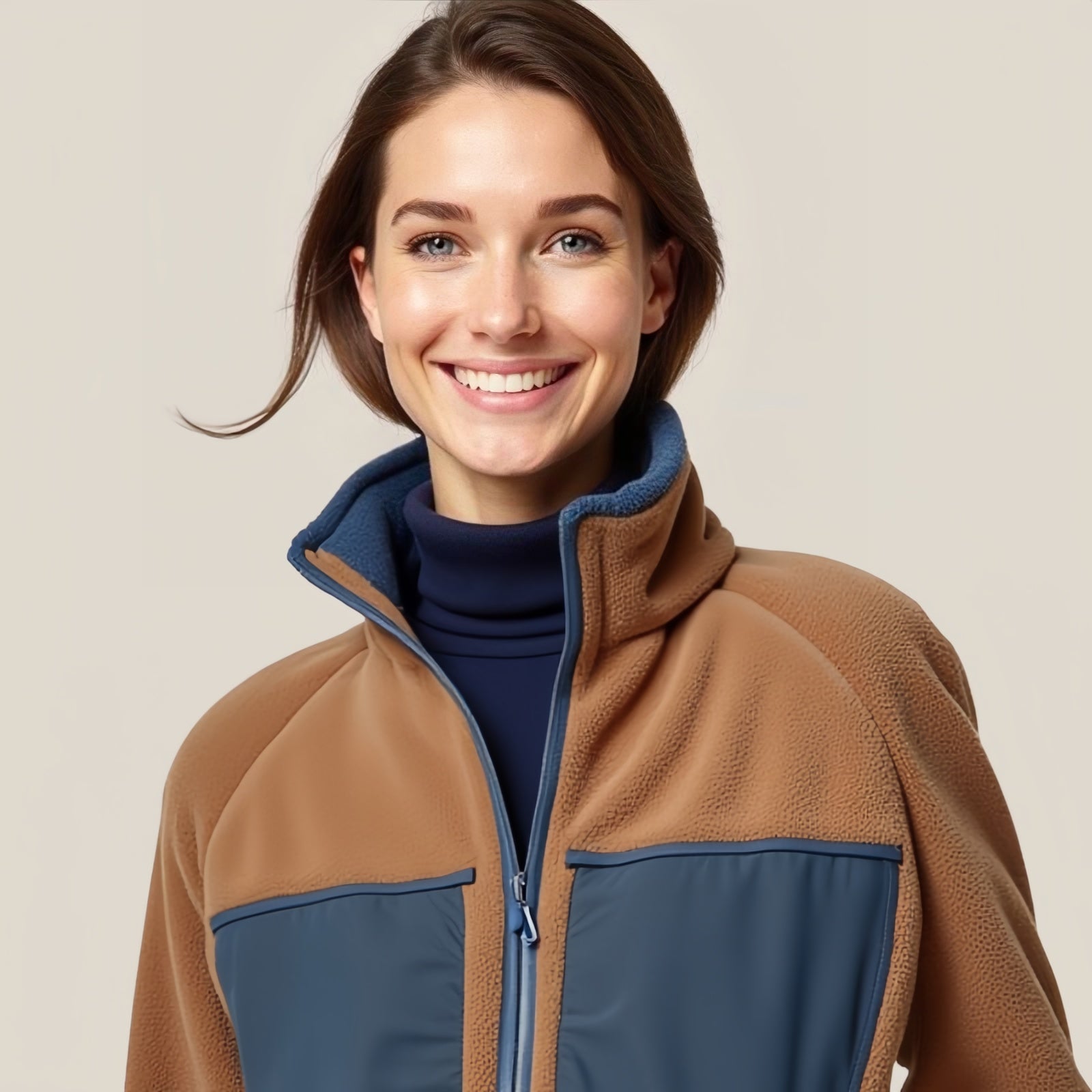 Boulder Ridge – Brown Fleece Jacket with Blue Pockets and High Collar