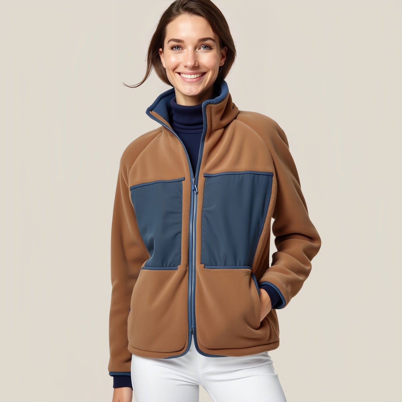 Boulder Ridge – Brown Fleece Jacket with Blue Pockets and High Collar
