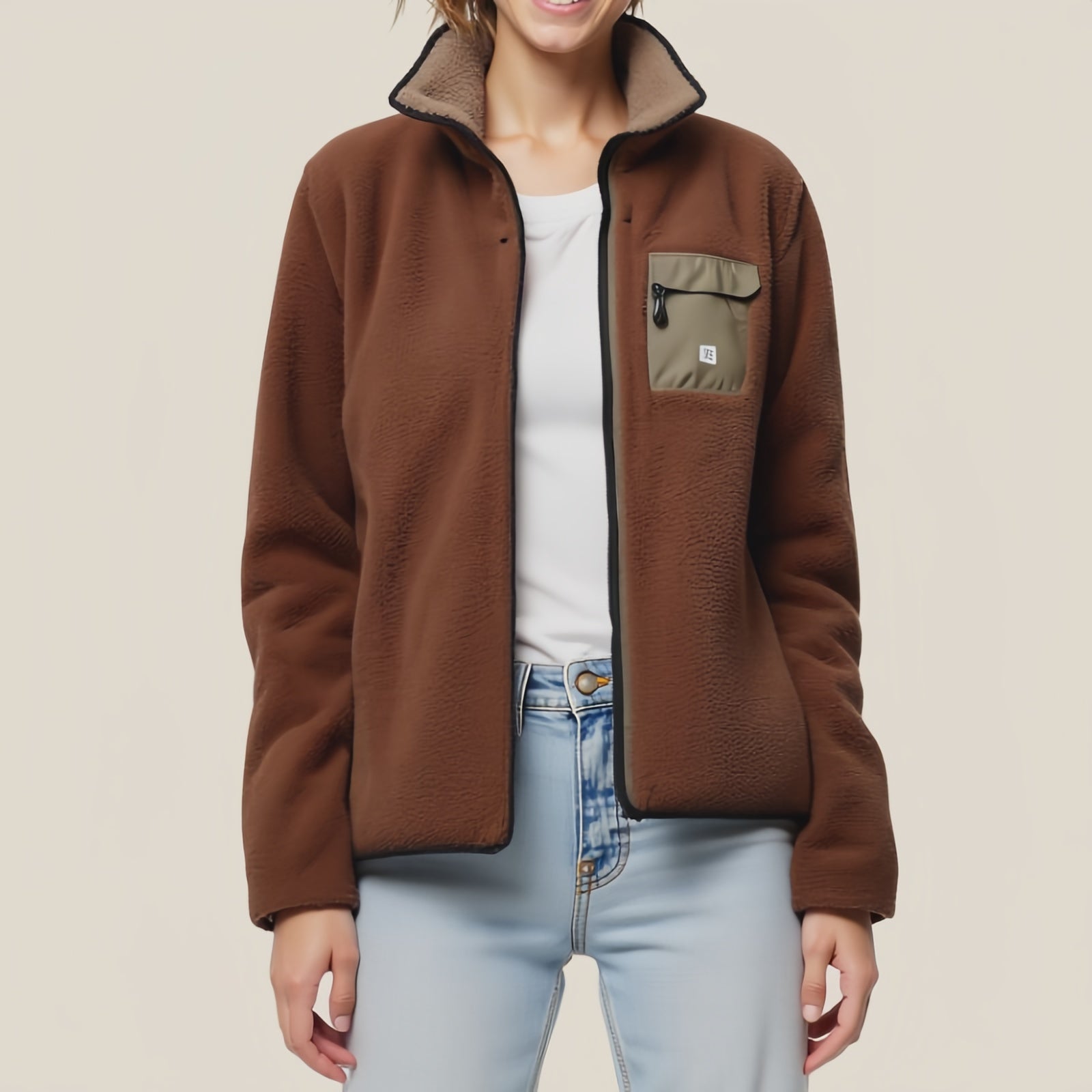 Canyon Crest – Brown Fleece Jacket with Army Green Pocket and High Collar