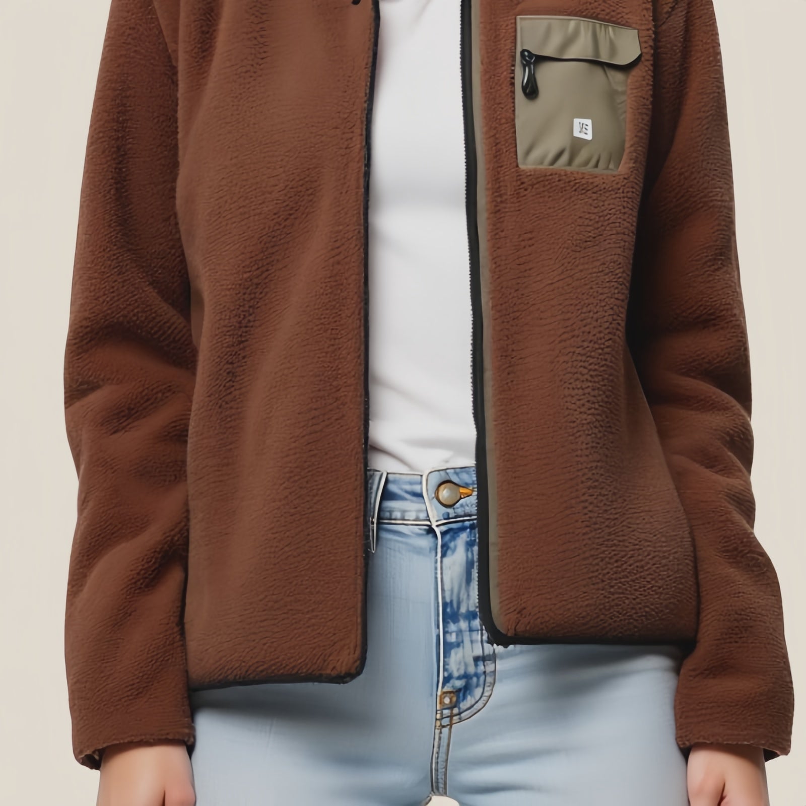Canyon Crest – Brown Fleece Jacket with Army Green Pocket and High Collar