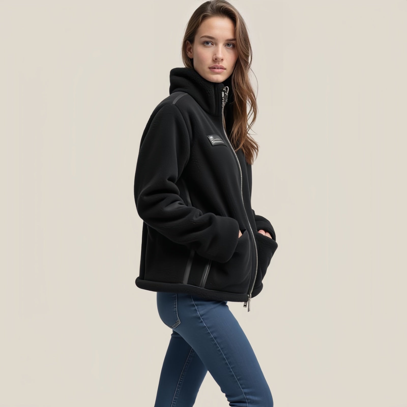 Blackridge Core – Black Fleece Jacket with High Neck and Graphic Patch